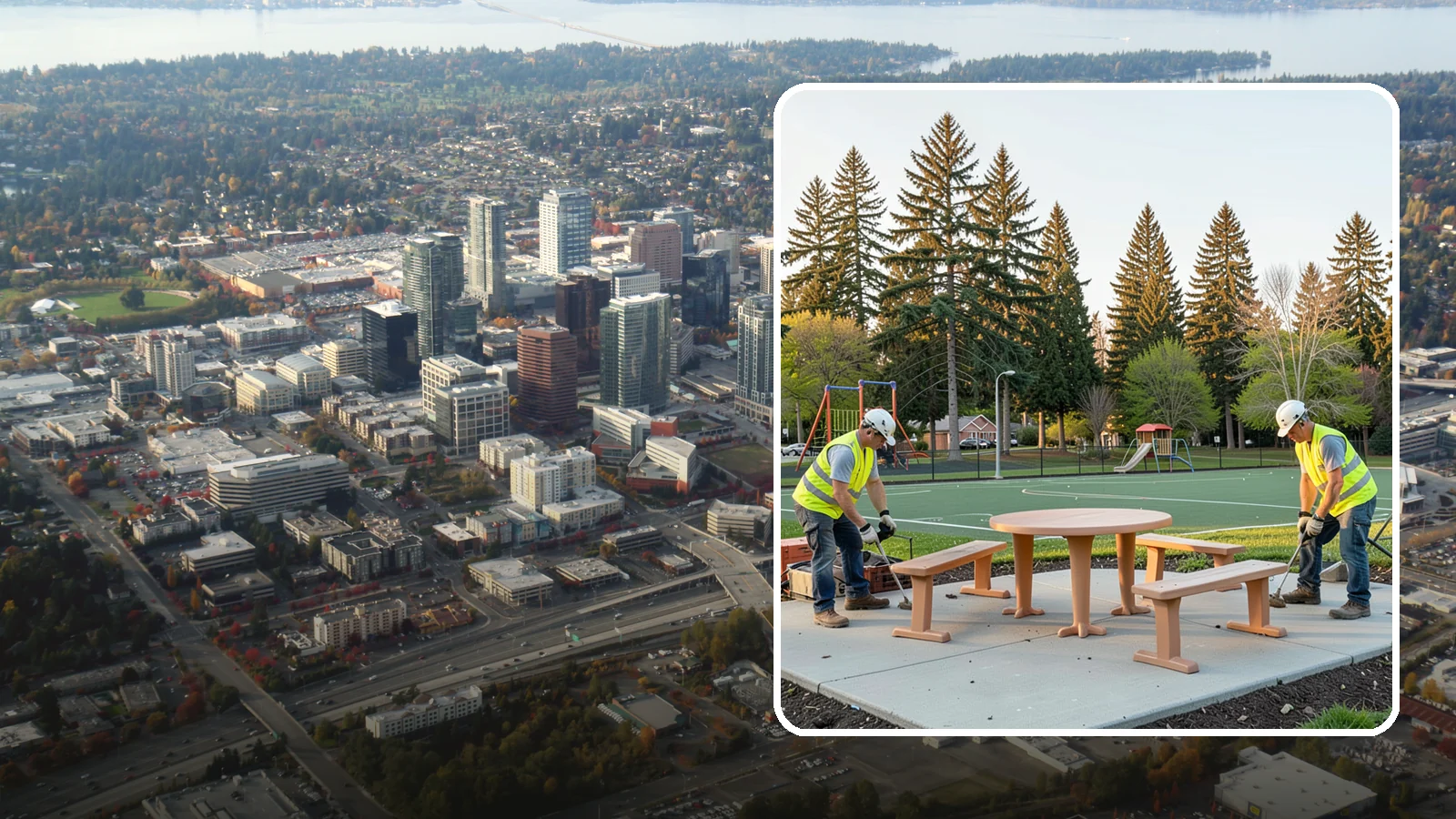 Park Furniture Installation in Bellevue, King County, WA - Installation of benches, tables, receptacles, and site amenities with proper anchoring and ADA clearances.