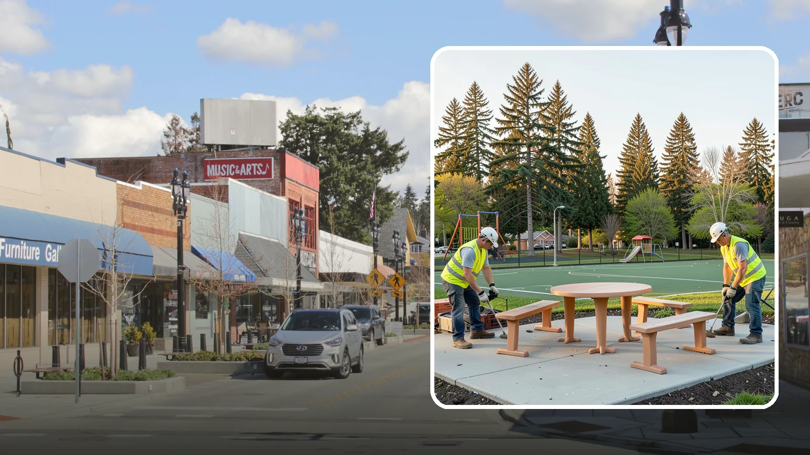 Park Furniture Installation in Bothell, King County, WA - Installation of benches, tables, receptacles, and site amenities with proper anchoring and ADA clearances.