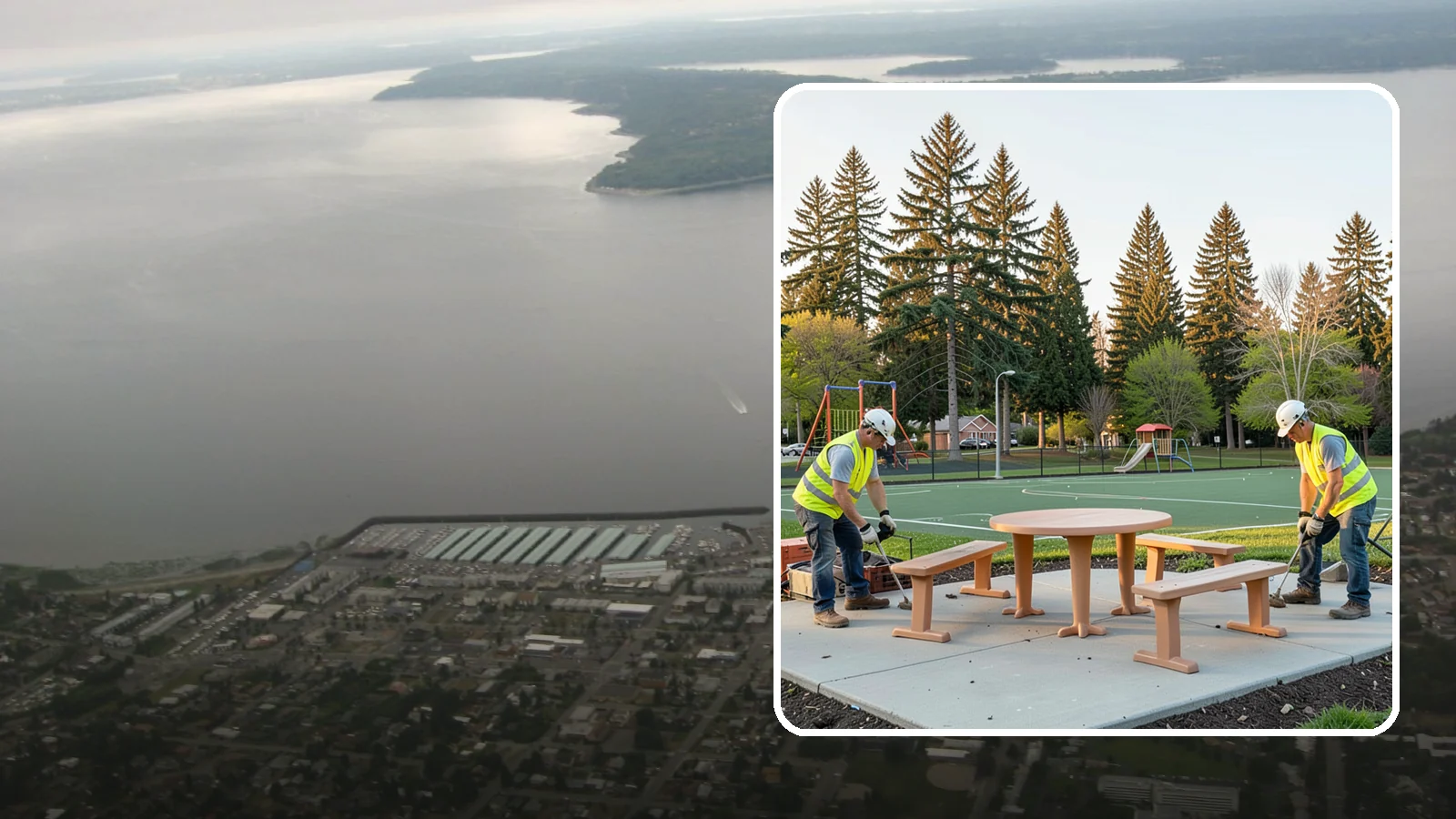 Park Furniture Installation in Des Moines, King County, WA - Installation of benches, tables, receptacles, and site amenities with proper anchoring and ADA clearances.