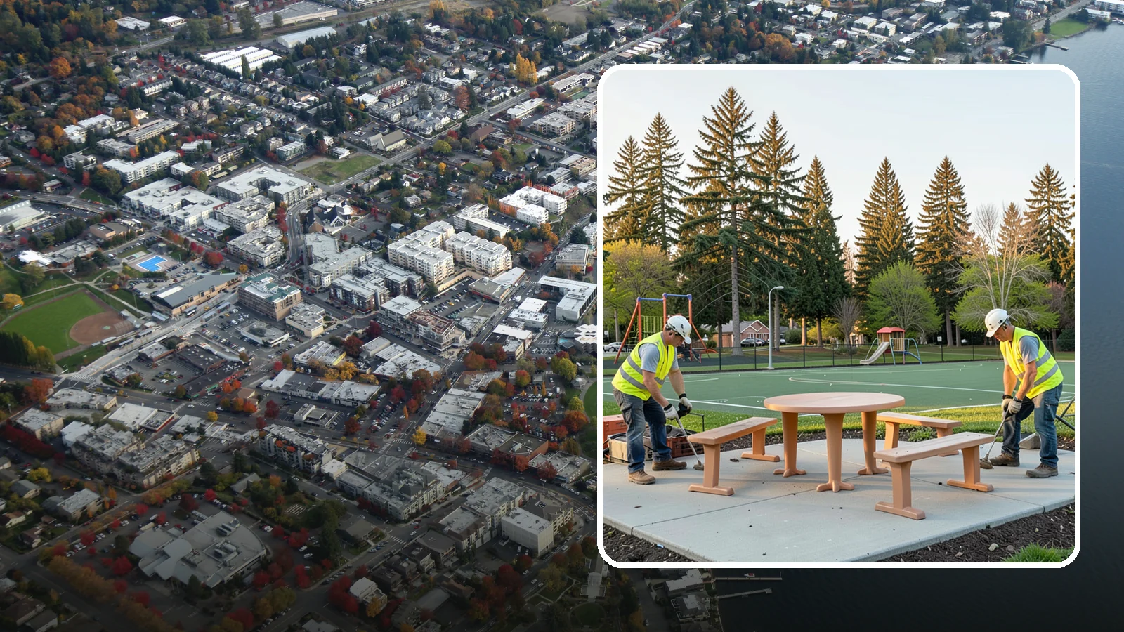 Park Furniture Installation in Kirkland, King County, WA - Installation of benches, tables, receptacles, and site amenities with proper anchoring and ADA clearances.