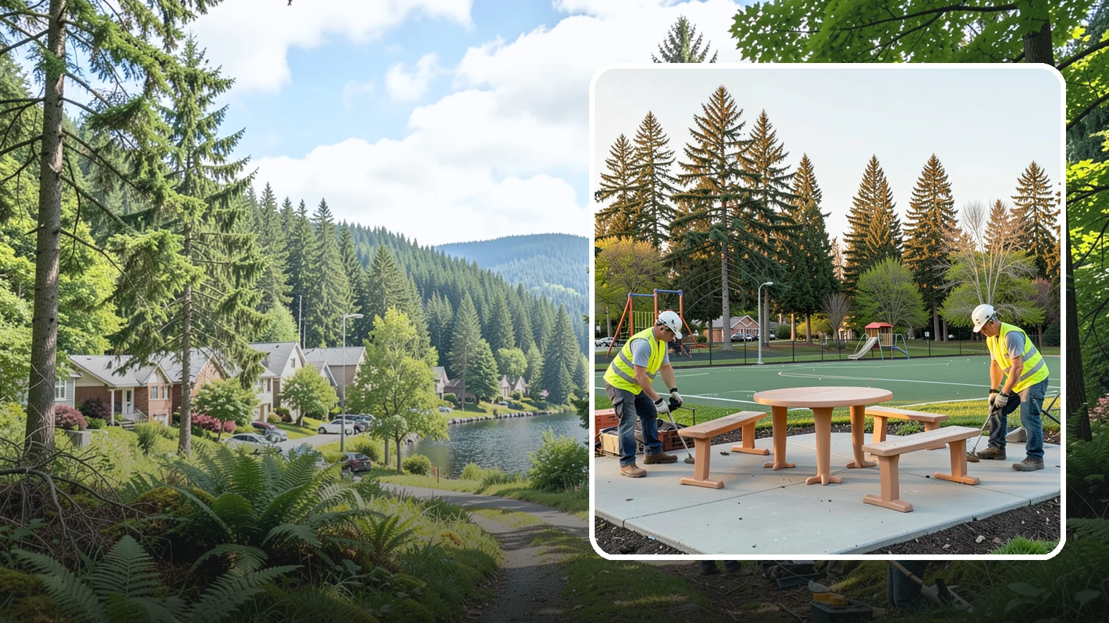 Park Furniture Installation in Lake Forest Park, King County, WA - Installation of benches, tables, receptacles, and site amenities with proper anchoring and ADA clearances.