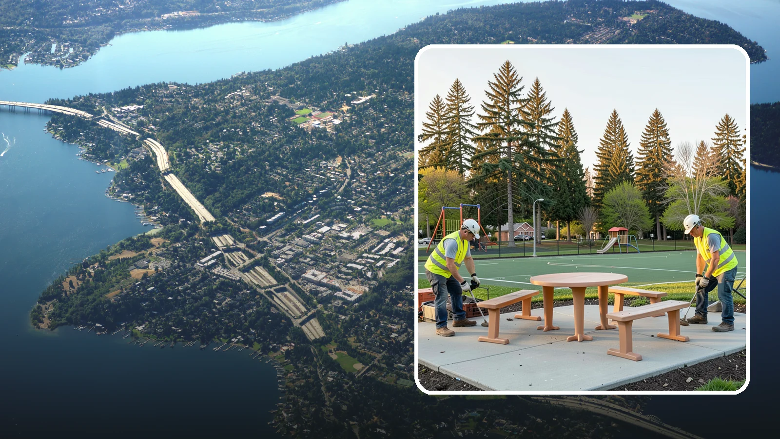 Park Furniture Installation in Mercer Island, King County, WA - Installation of benches, tables, receptacles, and site amenities with proper anchoring and ADA clearances.