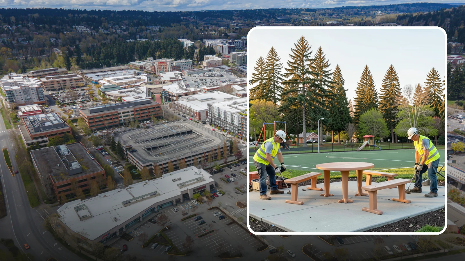 Park Furniture Installation in Redmond, King County, WA - Installation of benches, tables, receptacles, and site amenities with proper anchoring and ADA clearances.
