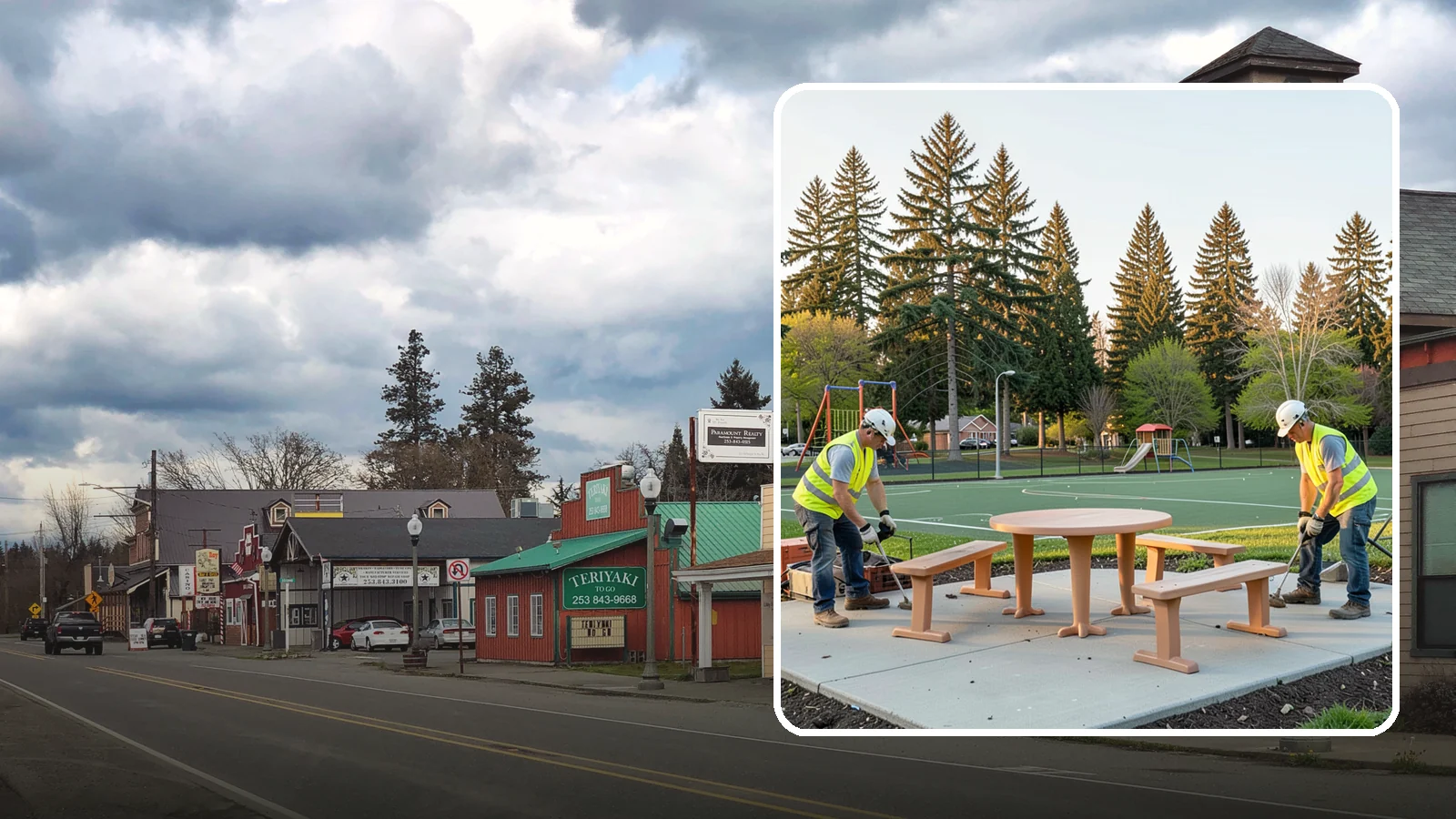 Park Furniture Installation in Roy, Pierce County, WA - Installation of benches, tables, receptacles, and site amenities with proper anchoring and ADA clearances.