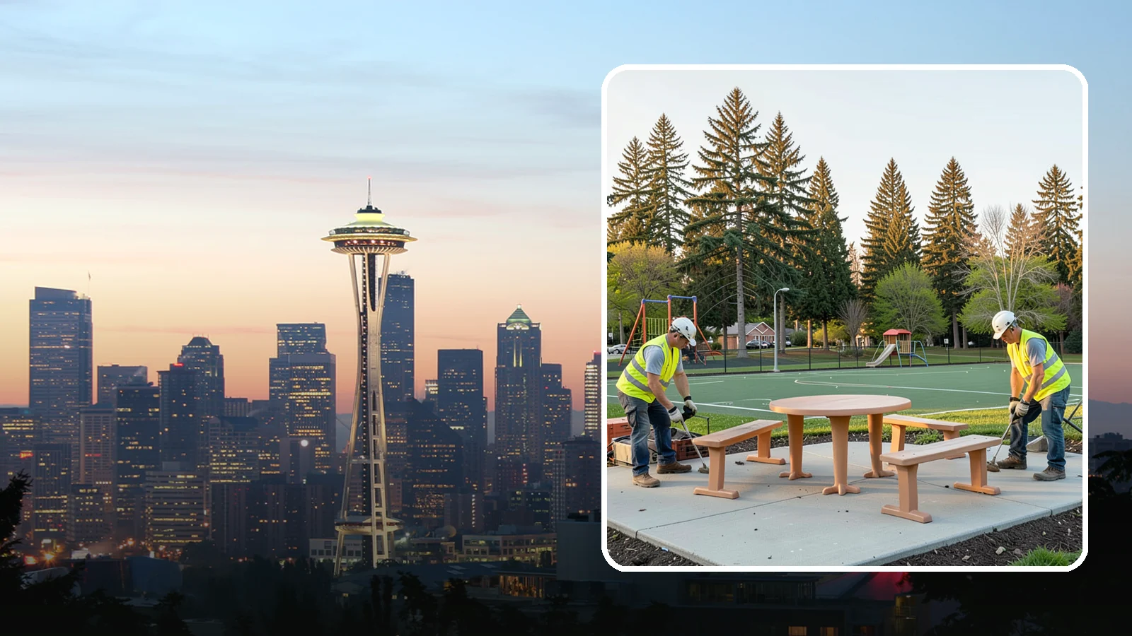 Park Furniture Installation in Seattle, King County, WA - Installation of benches, tables, receptacles, and site amenities with proper anchoring and ADA clearances.