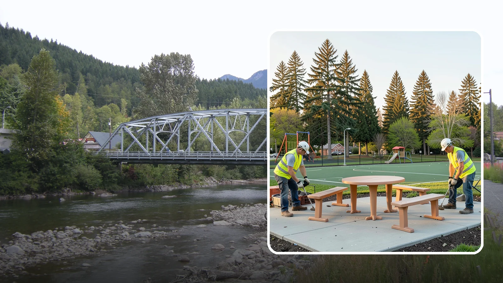 Park Furniture Installation in Skykomish, King County, WA - Installation of benches, tables, receptacles, and site amenities with proper anchoring and ADA clearances.