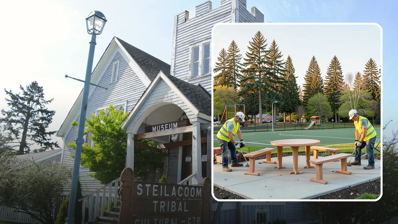 Park Furniture Installation in Steilacoom, Pierce County, WA - Installation of benches, tables, receptacles, and site amenities with proper anchoring and ADA clearances.
