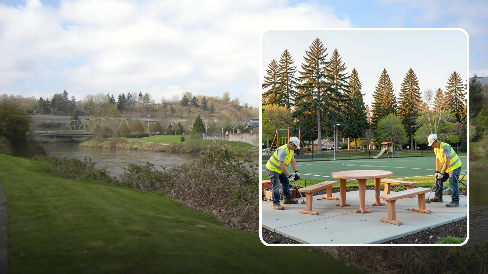 Park Furniture Installation in Tukwila, King County, WA - Installation of benches, tables, receptacles, and site amenities with proper anchoring and ADA clearances.
