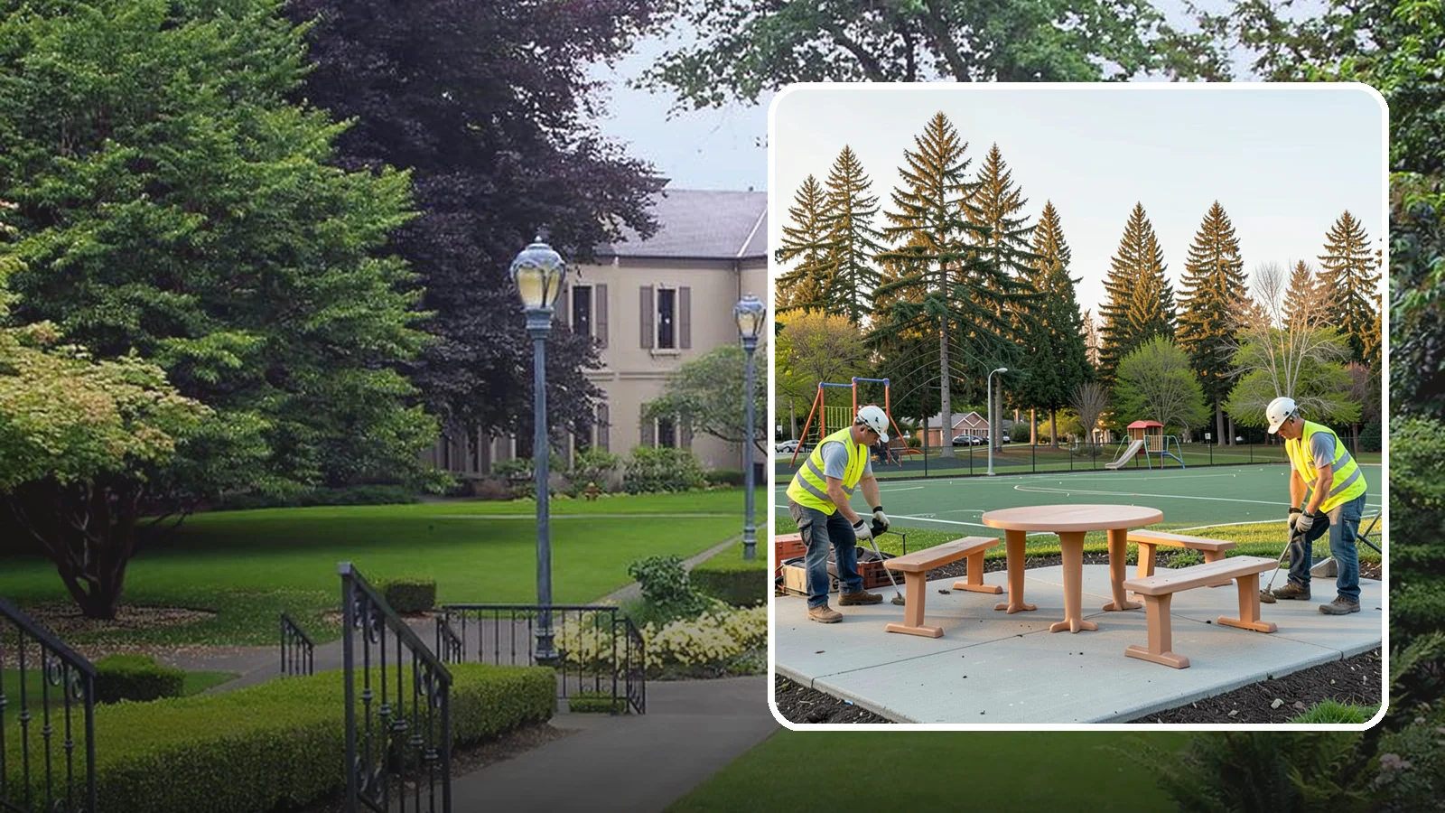 Park Furniture Installation in Woodinville, King County, WA - Installation of benches, tables, receptacles, and site amenities with proper anchoring and ADA clearances.
