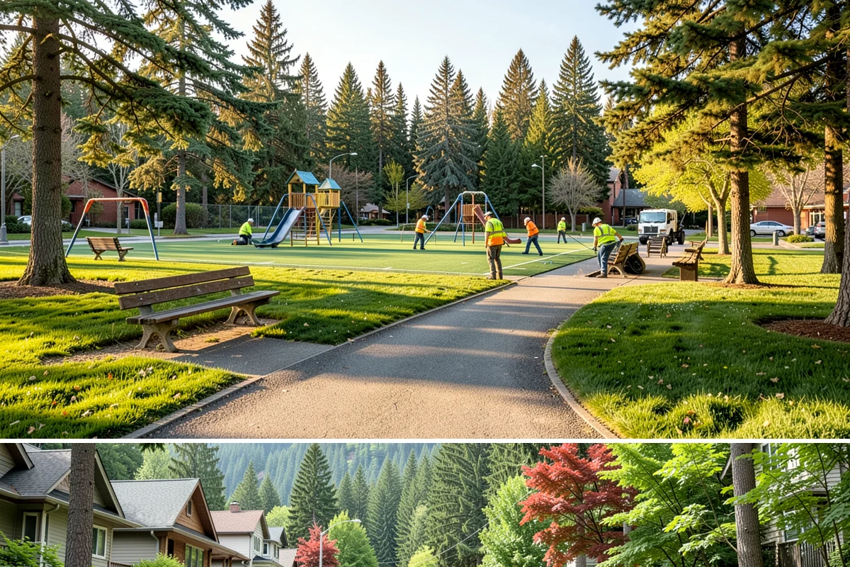 Park Landscape Maintenance in Darrington, Snohomish County, WA - Peak mowing and bed care span spring through early fall, while wet-season work shifts to leaf cleanup, drainage clearing, and...