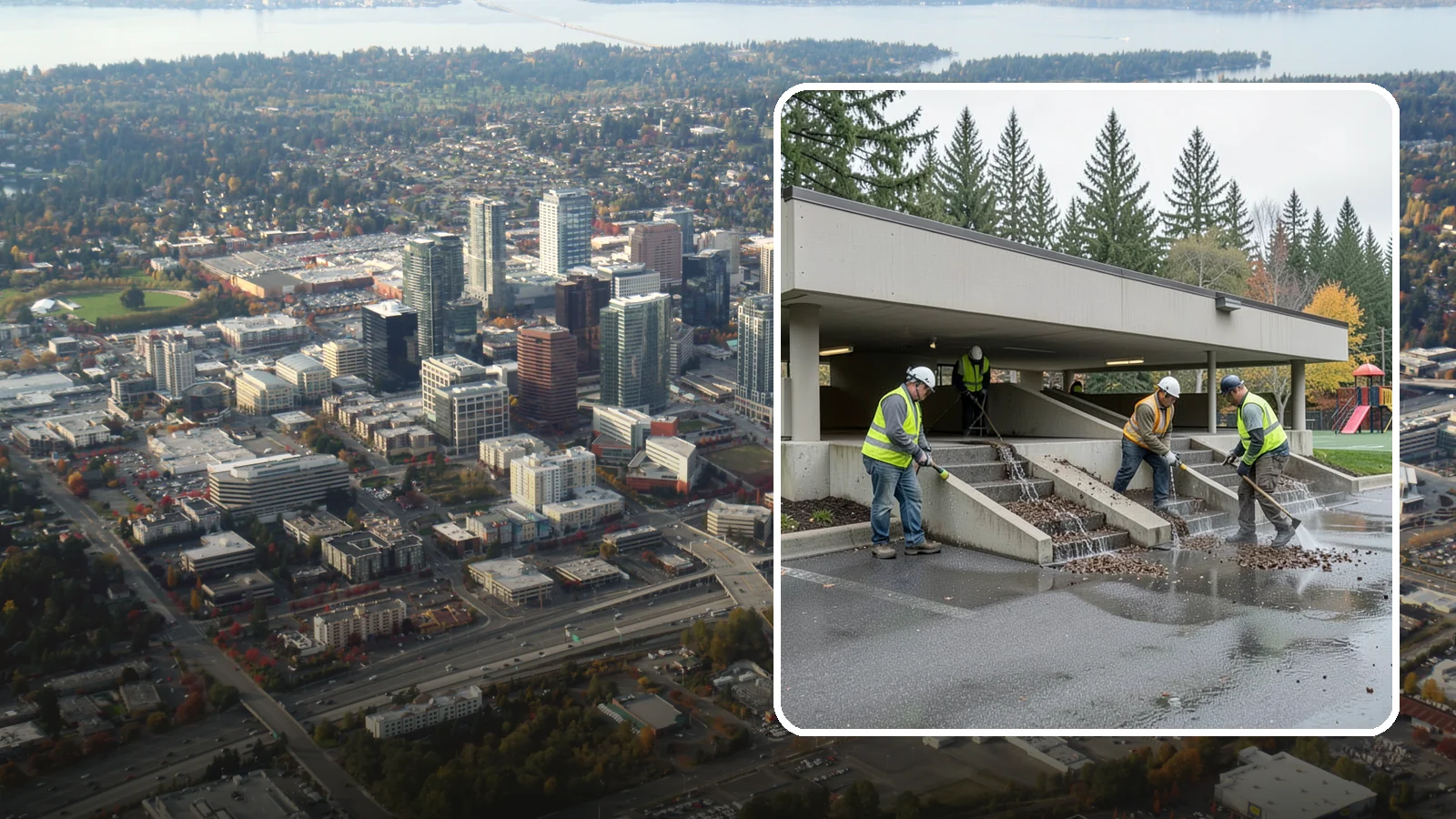 Parking Garage Cleaning in Bellevue, King County, WA - Clean multi-level public parking structures, including decks, stairwells, and drains, on a managed schedule.