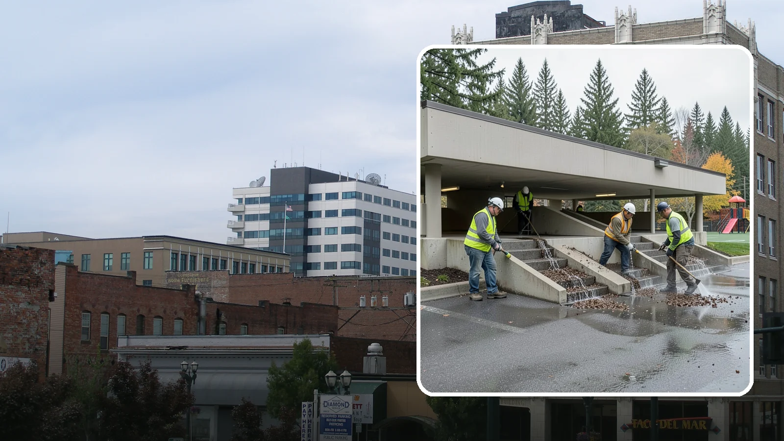 Parking Garage Cleaning in Everett, Snohomish County, WA - Clean multi-level public parking structures, including decks, stairwells, and drains, on a managed schedule.