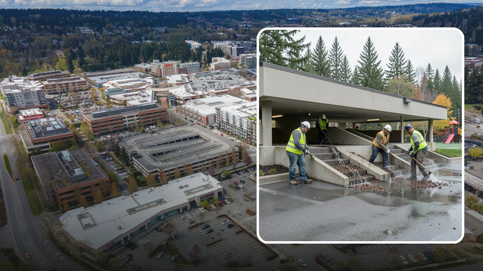Parking Garage Cleaning in Redmond, King County, WA - Clean multi-level public parking structures, including decks, stairwells, and drains, on a managed schedule.