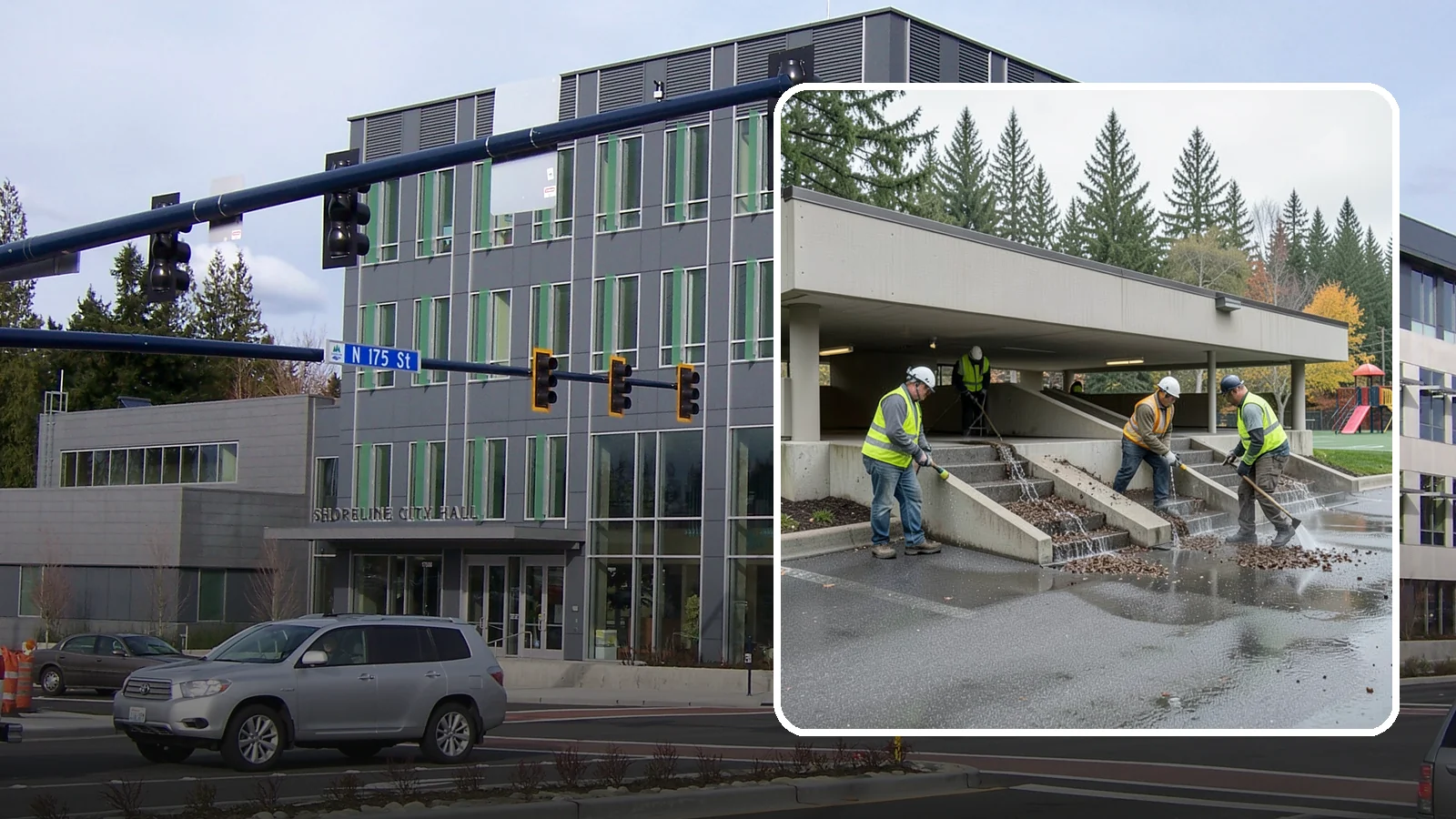 Parking Garage Cleaning in Shoreline, King County, WA - Clean multi-level public parking structures, including decks, stairwells, and drains, on a managed schedule.