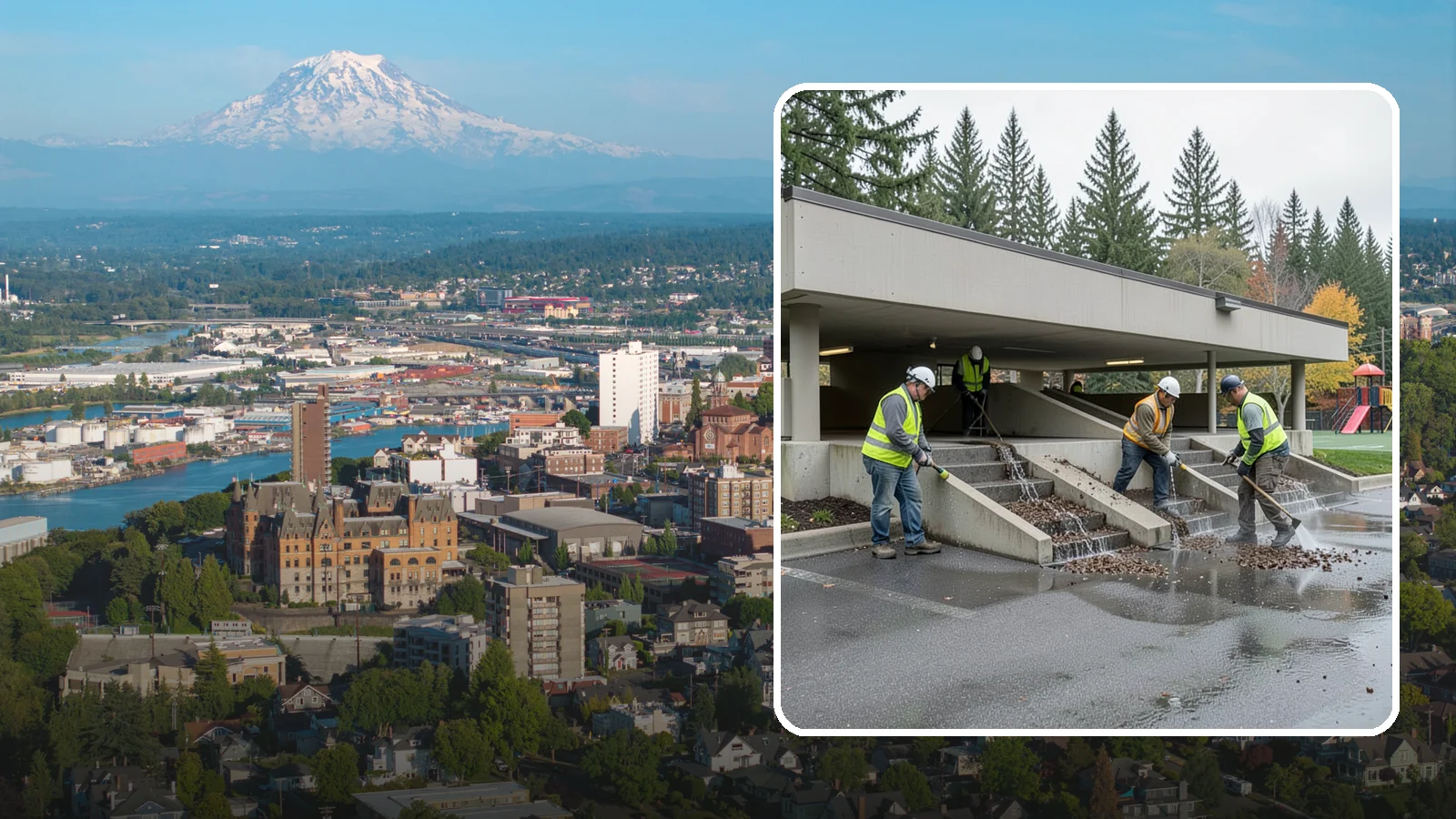 Parking Garage Cleaning in Tacoma, Pierce County, WA - Clean multi-level public parking structures, including decks, stairwells, and drains, on a managed schedule.