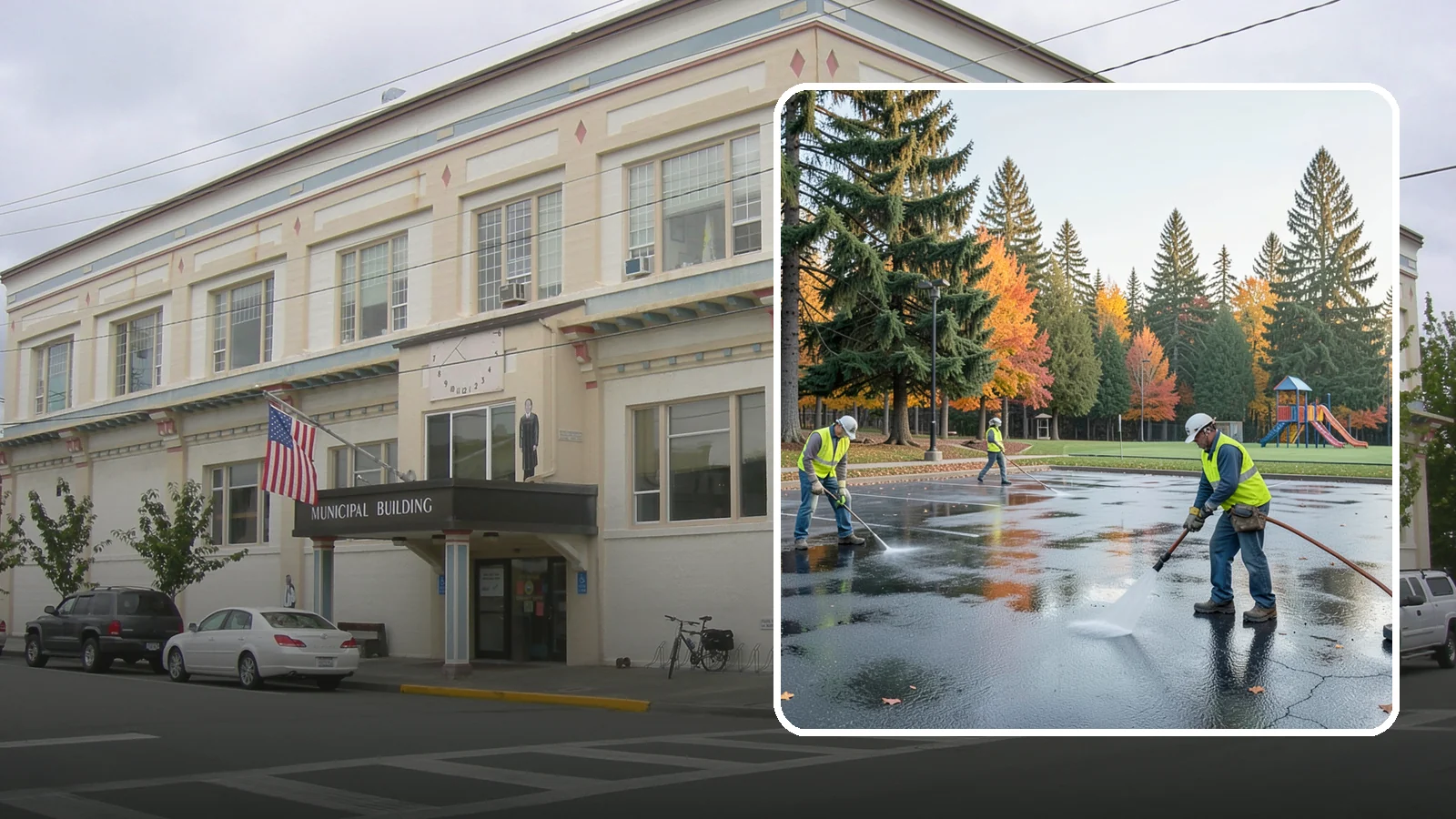 Parking Lot Cleaning in Anacortes, Skagit County, WA - Pressure wash and degrease public parking lots to remove oil staining, gum, and accumulated grime.