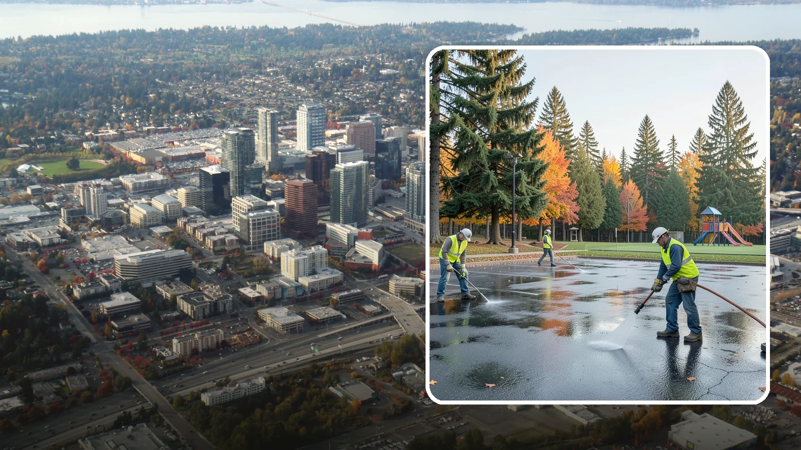 Parking Lot Cleaning in Bellevue, King County, WA - Pressure wash and degrease public parking lots to remove oil staining, gum, and accumulated grime.