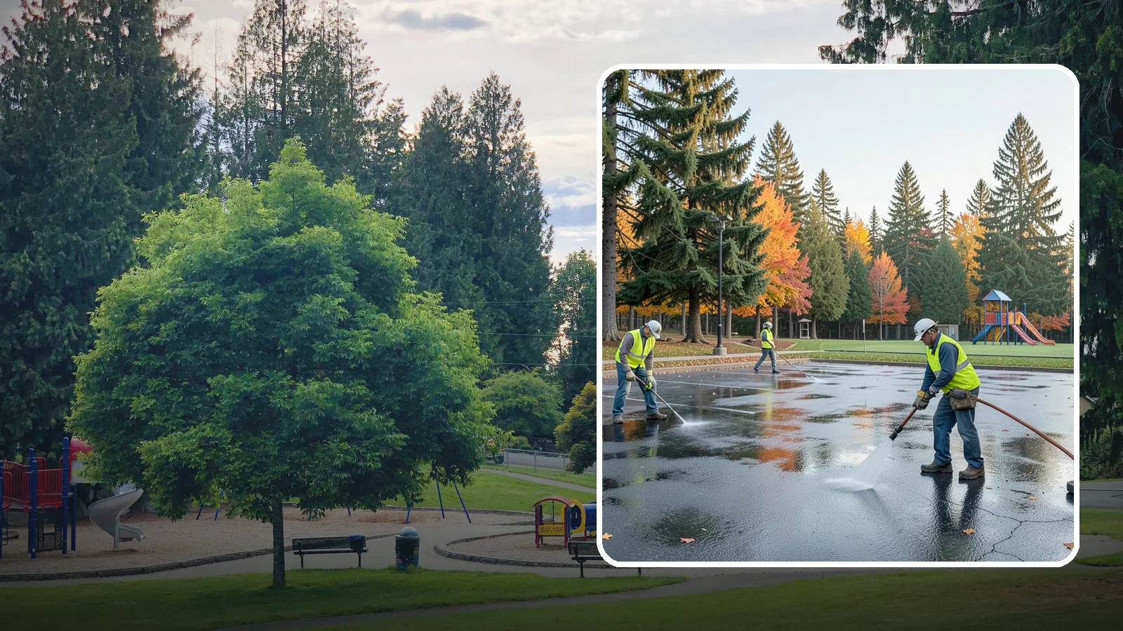 Parking Lot Cleaning in Bonney Lake, Pierce County, WA - Pressure wash and degrease public parking lots to remove oil staining, gum, and accumulated grime.