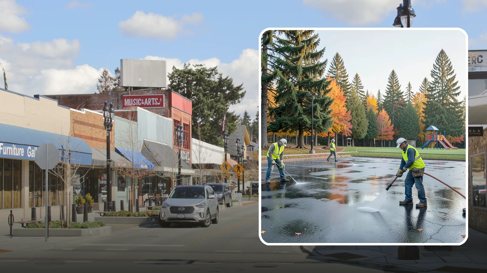 Parking Lot Cleaning in Bothell, King County, WA - Pressure wash and degrease public parking lots to remove oil staining, gum, and accumulated grime.