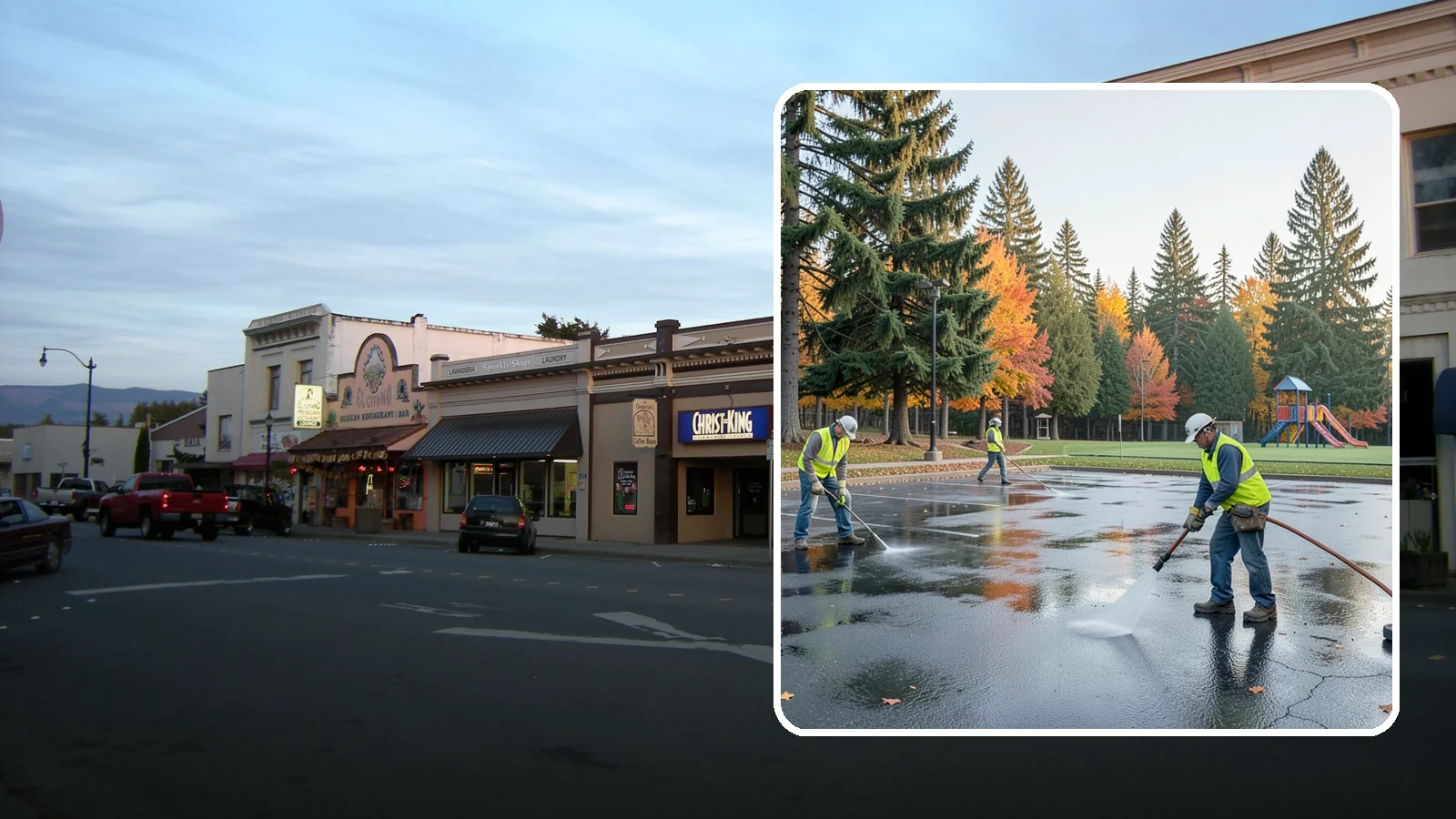 Parking Lot Cleaning in Burlington, Skagit County, WA - Pressure wash and degrease public parking lots to remove oil staining, gum, and accumulated grime.