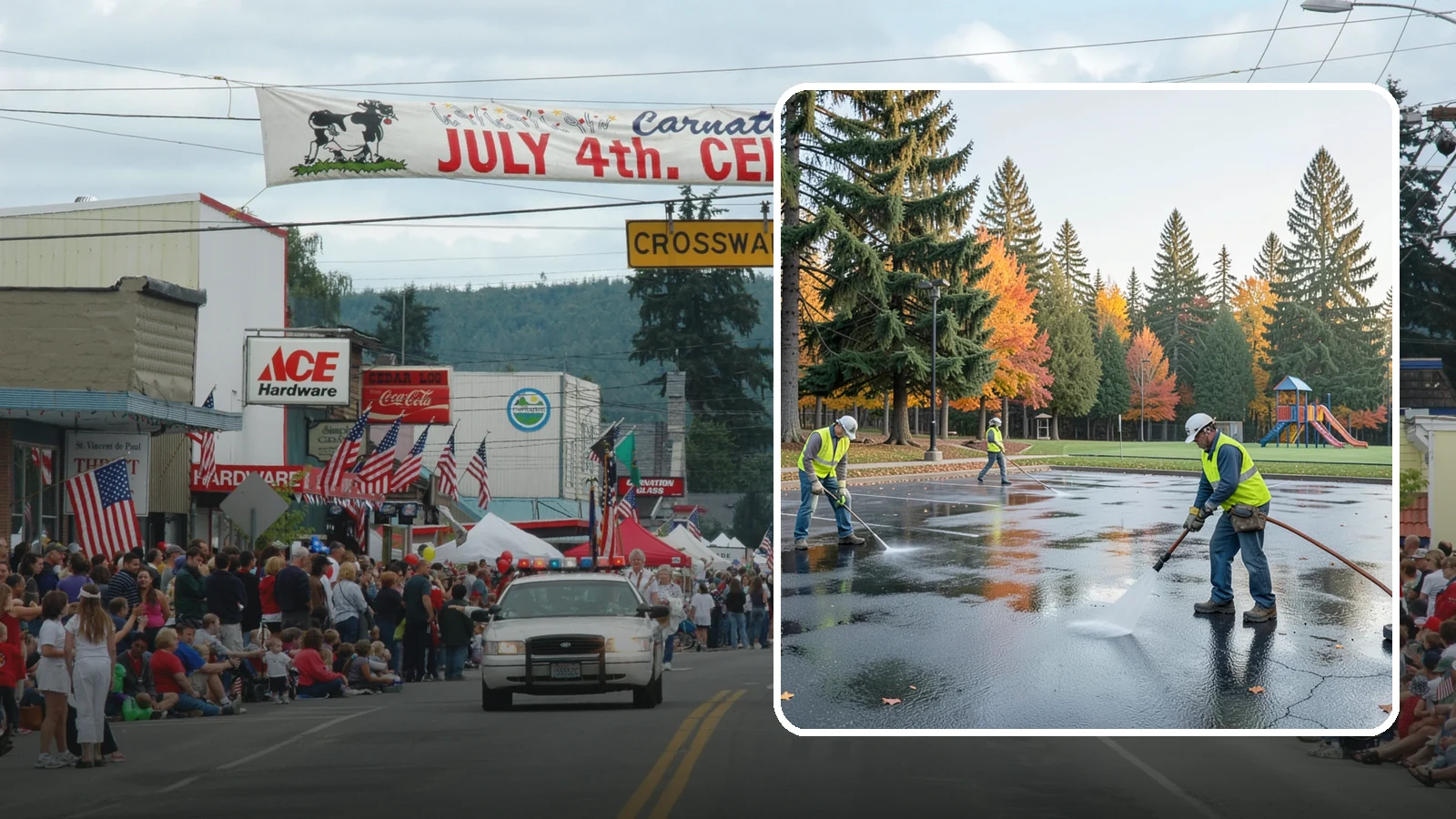 Parking Lot Cleaning in Carnation, King County, WA - Pressure wash and degrease public parking lots to remove oil staining, gum, and accumulated grime.