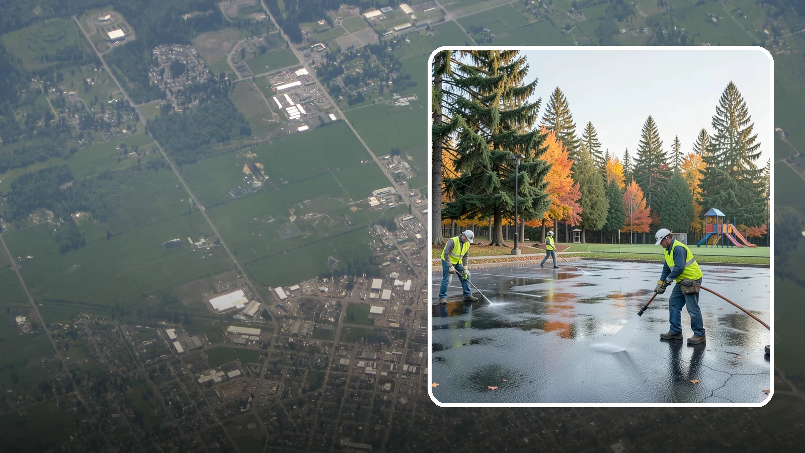 Parking Lot Cleaning in Enumclaw, King County, WA - Pressure wash and degrease public parking lots to remove oil staining, gum, and accumulated grime.