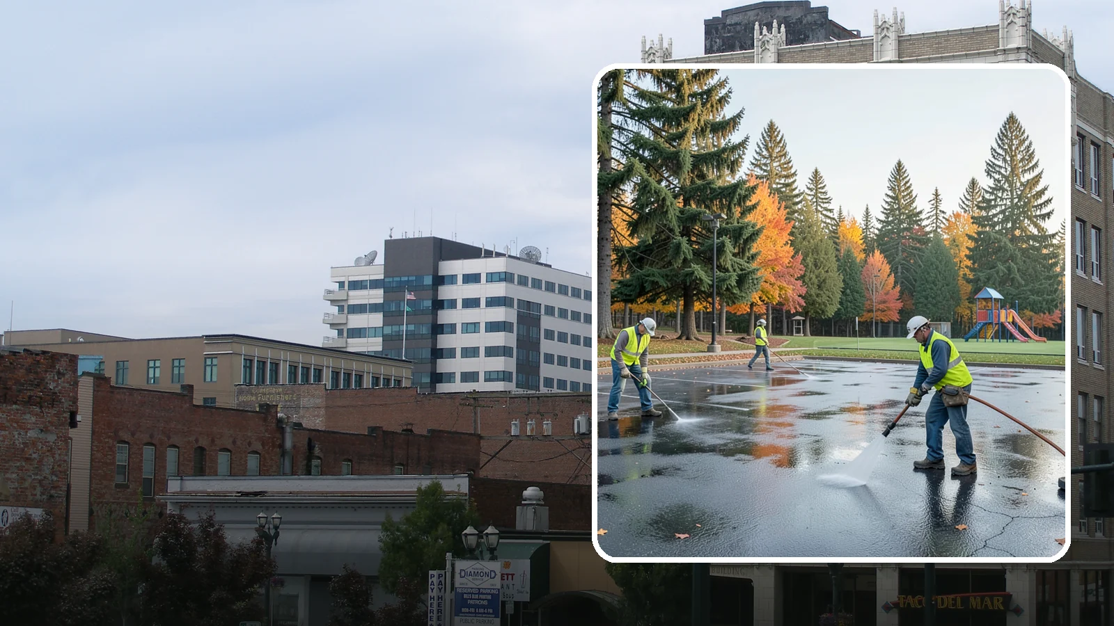 Parking Lot Cleaning in Everett, Snohomish County, WA - Pressure wash and degrease public parking lots to remove oil staining, gum, and accumulated grime.