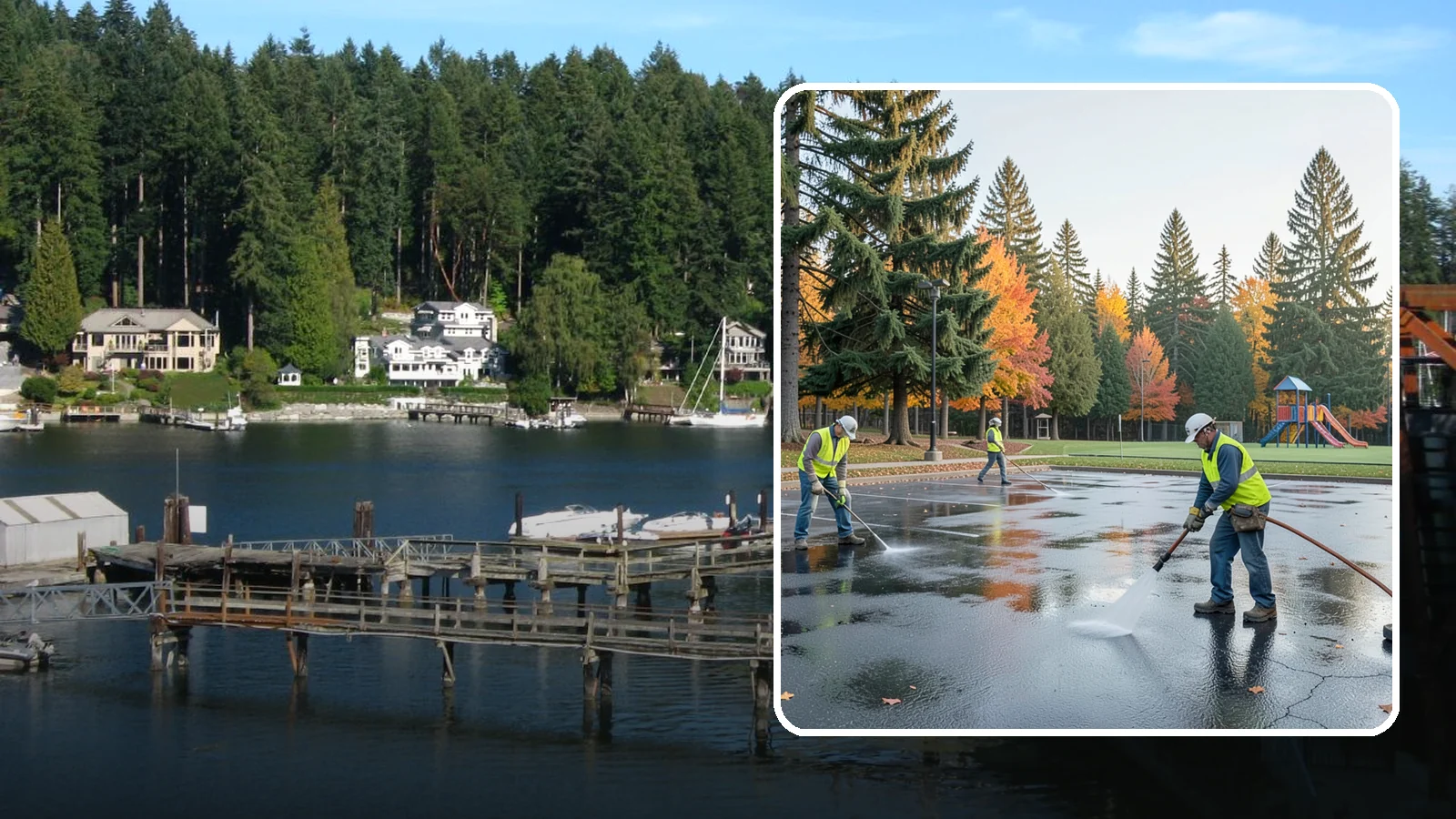 Parking Lot Cleaning in Gig Harbor, Pierce County, WA - Pressure wash and degrease public parking lots to remove oil staining, gum, and accumulated grime.