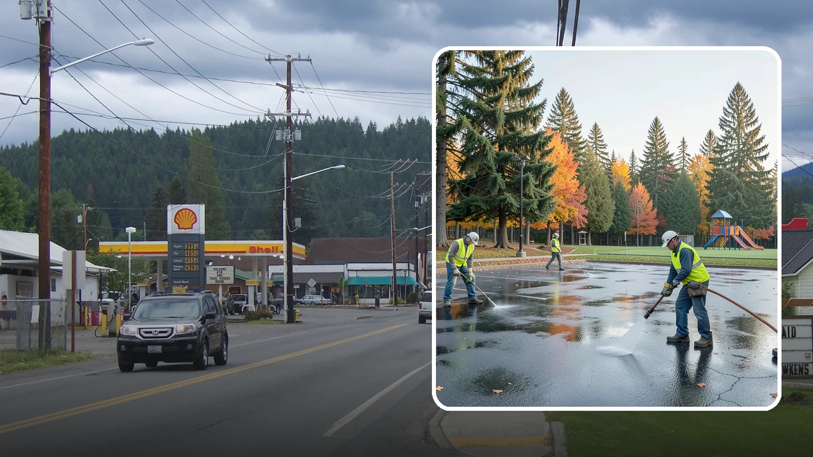 Parking Lot Cleaning in Granite Falls, Snohomish County, WA - Pressure wash and degrease public parking lots to remove oil staining, gum, and accumulated grime.