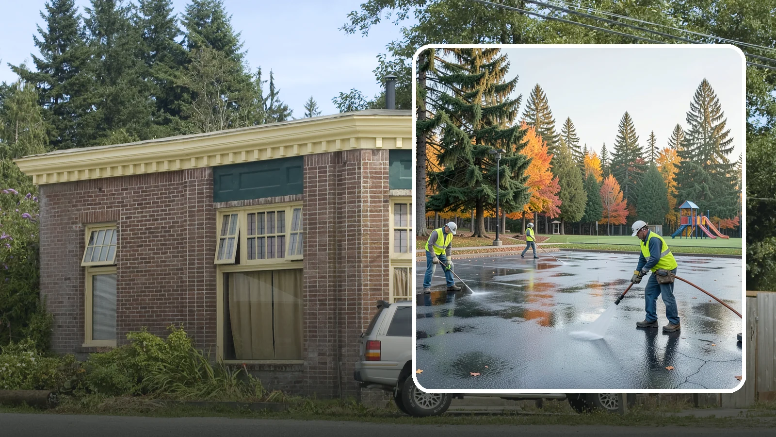 Parking Lot Cleaning in Hamilton, Skagit County, WA - Pressure wash and degrease public parking lots to remove oil staining, gum, and accumulated grime.