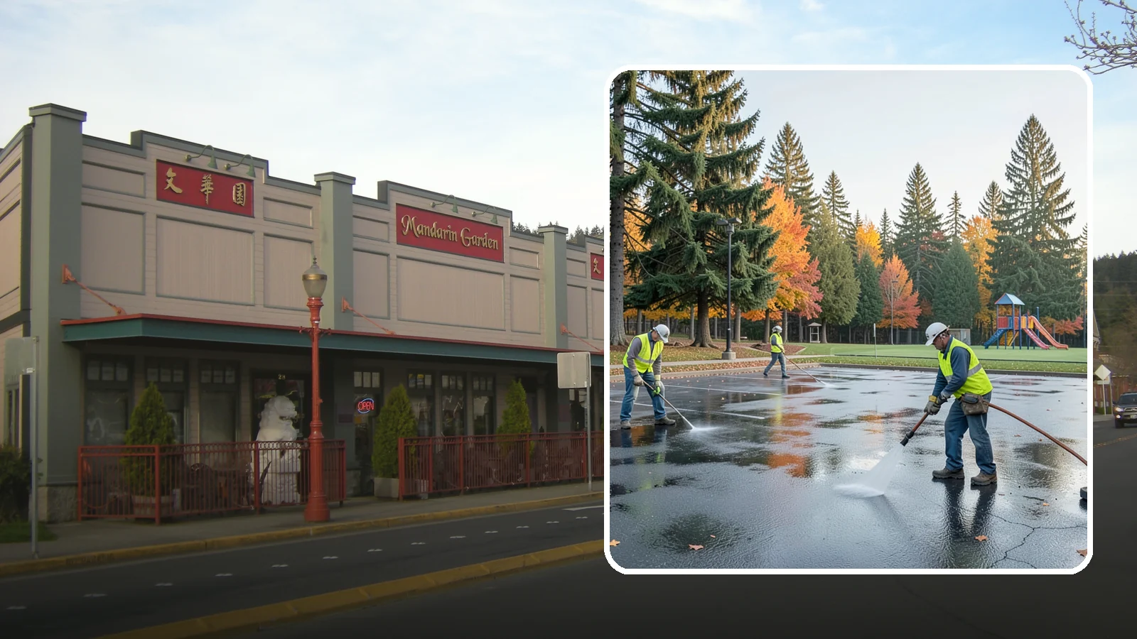 Parking Lot Cleaning in Issaquah, King County, WA - Pressure wash and degrease public parking lots to remove oil staining, gum, and accumulated grime.