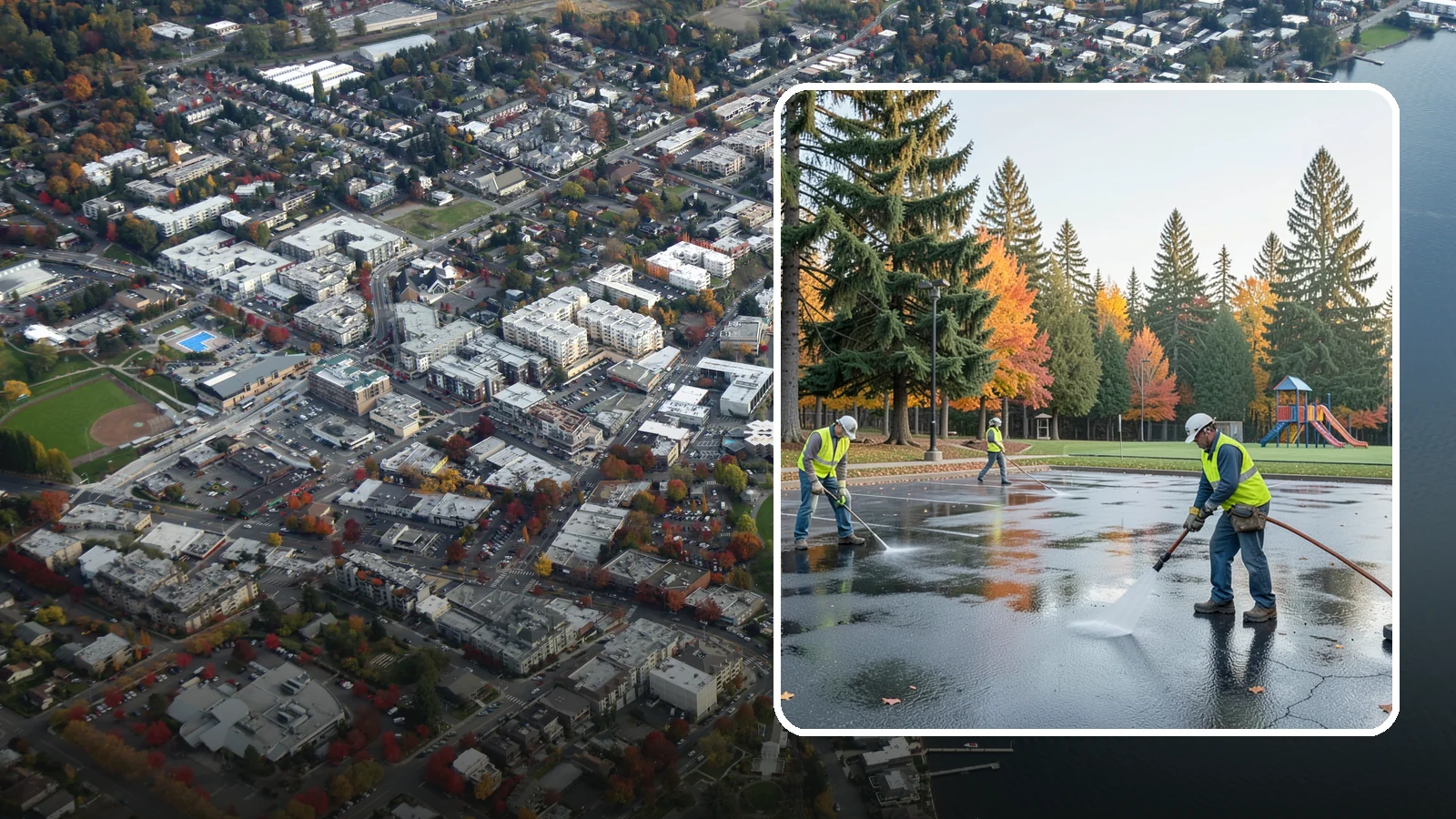 Parking Lot Cleaning in Kirkland, King County, WA - Pressure wash and degrease public parking lots to remove oil staining, gum, and accumulated grime.