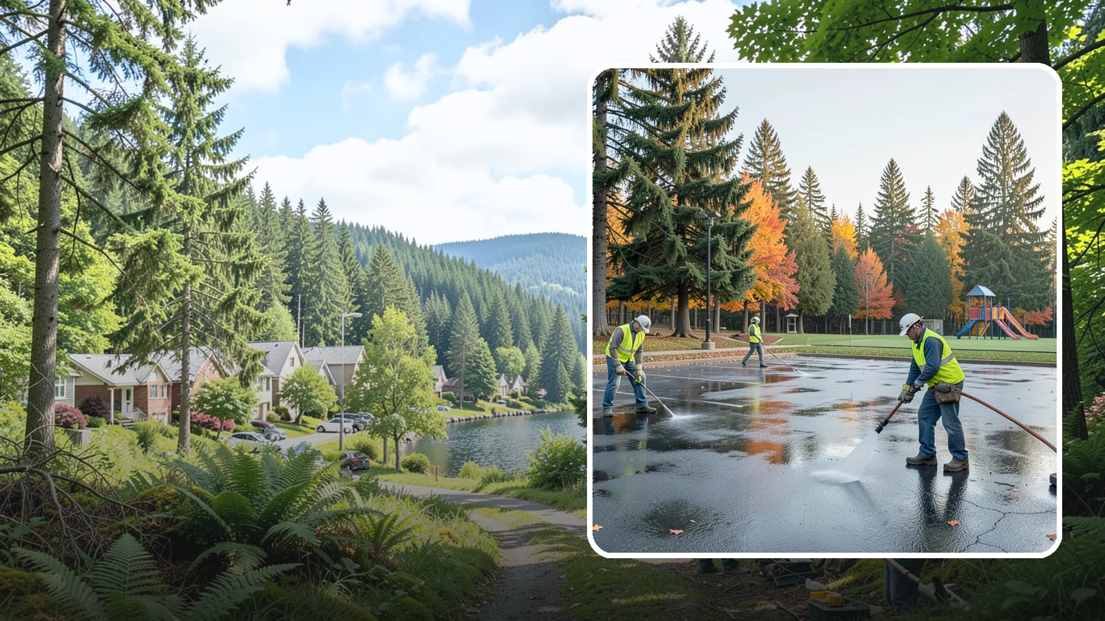 Parking Lot Cleaning in Lake Forest Park, King County, WA - Pressure wash and degrease public parking lots to remove oil staining, gum, and accumulated grime.