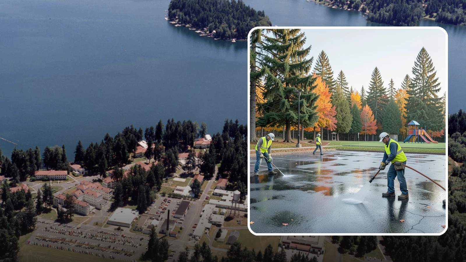 Parking Lot Cleaning in Lakewood, Pierce County, WA - Pressure wash and degrease public parking lots to remove oil staining, gum, and accumulated grime.