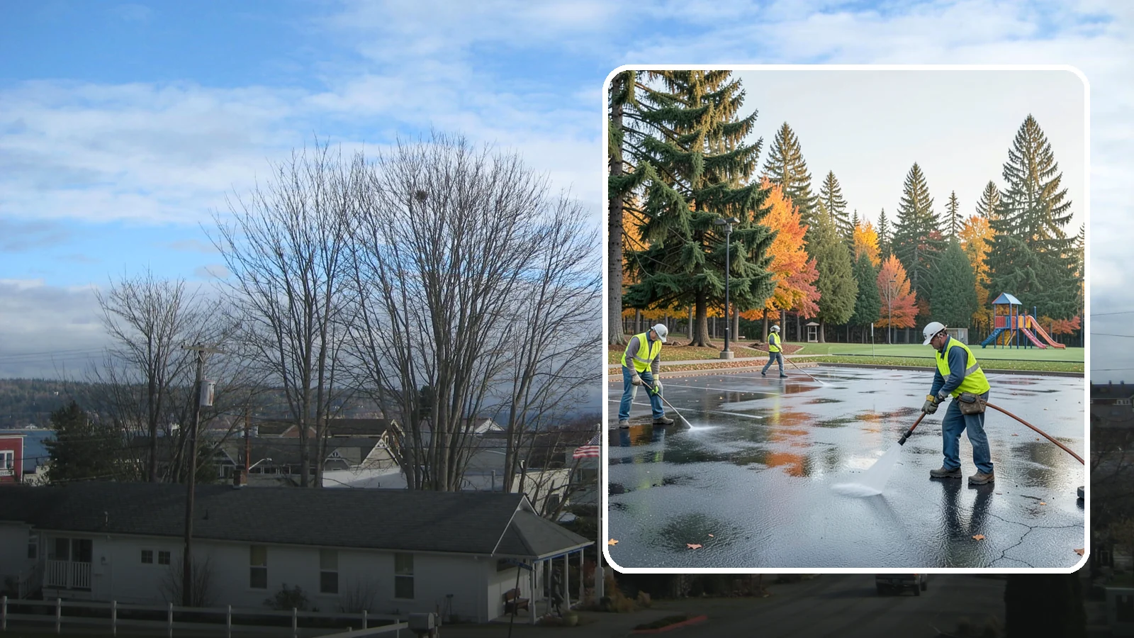 Parking Lot Cleaning in Langley, Island County, WA - Pressure wash and degrease public parking lots to remove oil staining, gum, and accumulated grime.