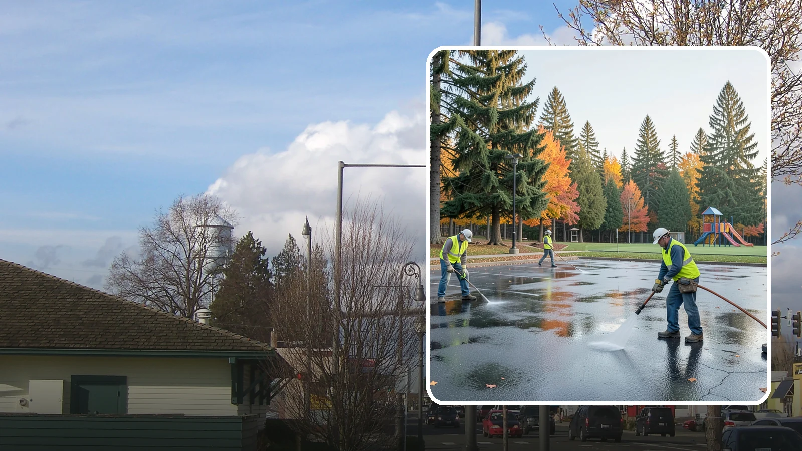 Parking Lot Cleaning in Marysville, Snohomish County, WA - Pressure wash and degrease public parking lots to remove oil staining, gum, and accumulated grime.