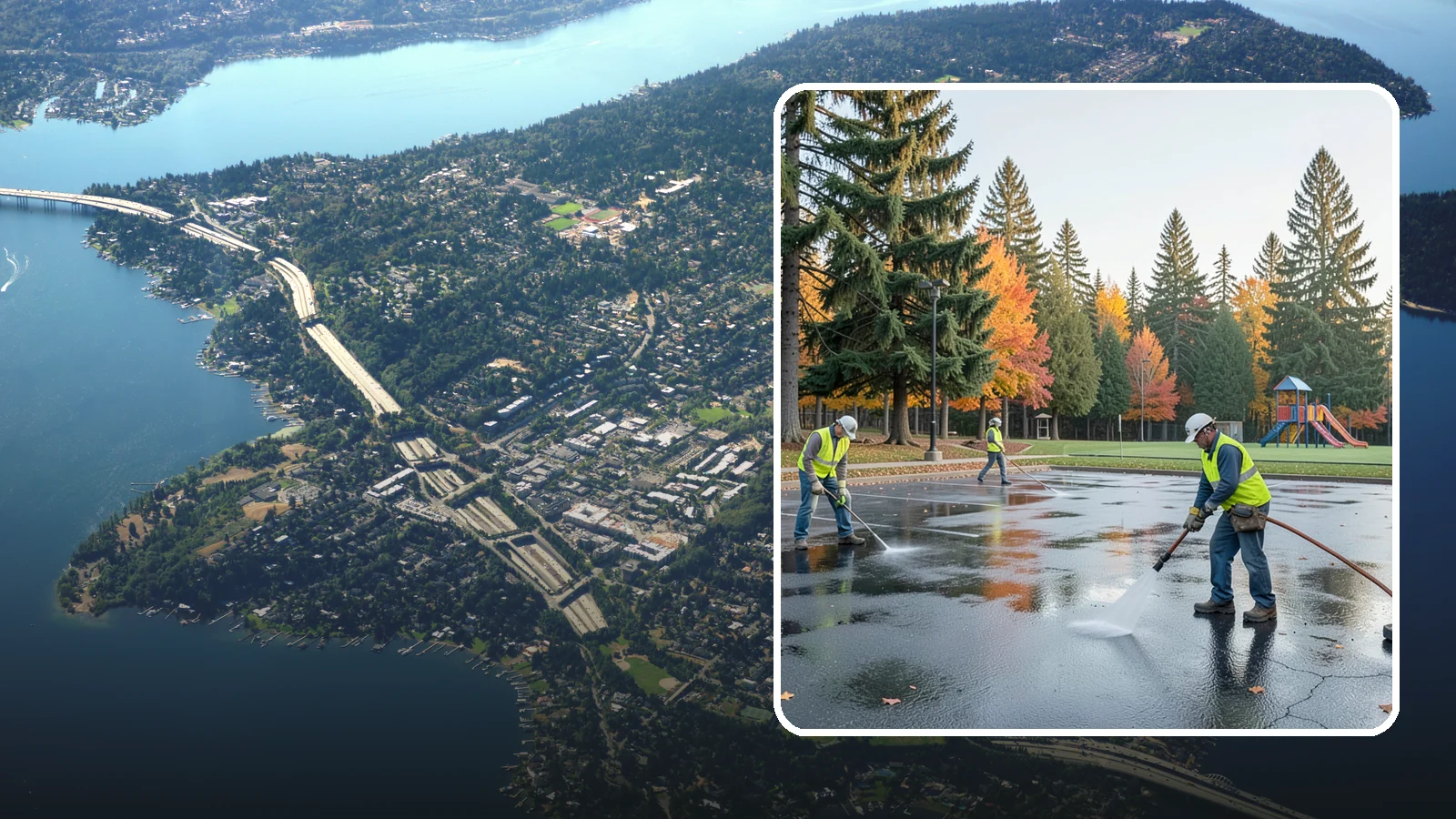 Parking Lot Cleaning in Mercer Island, King County, WA - Pressure wash and degrease public parking lots to remove oil staining, gum, and accumulated grime.