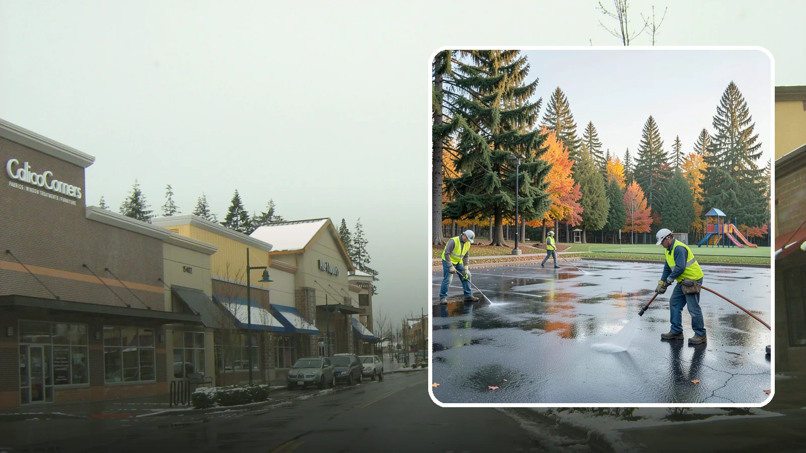 Parking Lot Cleaning in Mill Creek, Snohomish County, WA - Pressure wash and degrease public parking lots to remove oil staining, gum, and accumulated grime.