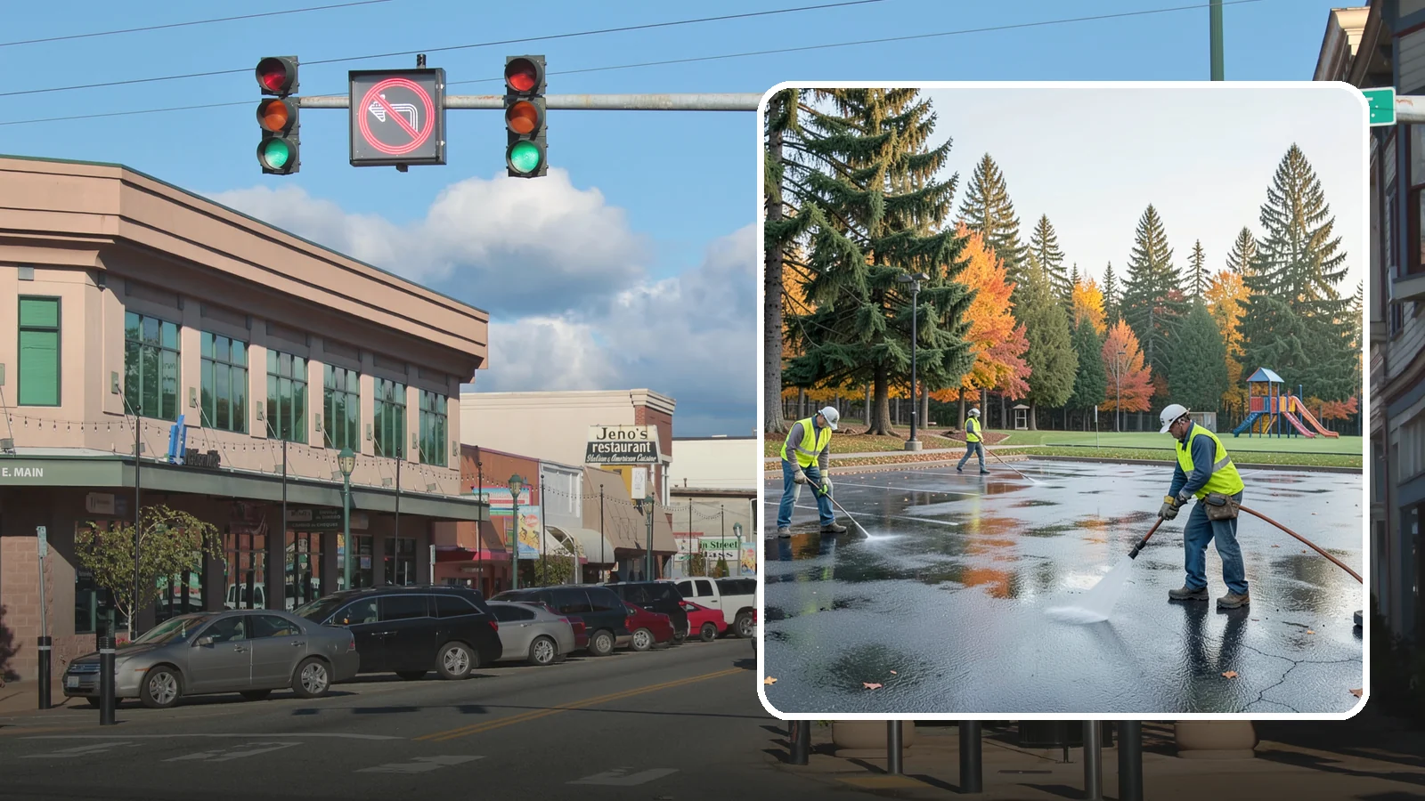 Parking Lot Cleaning in Monroe, Snohomish County, WA - Pressure wash and degrease public parking lots to remove oil staining, gum, and accumulated grime.