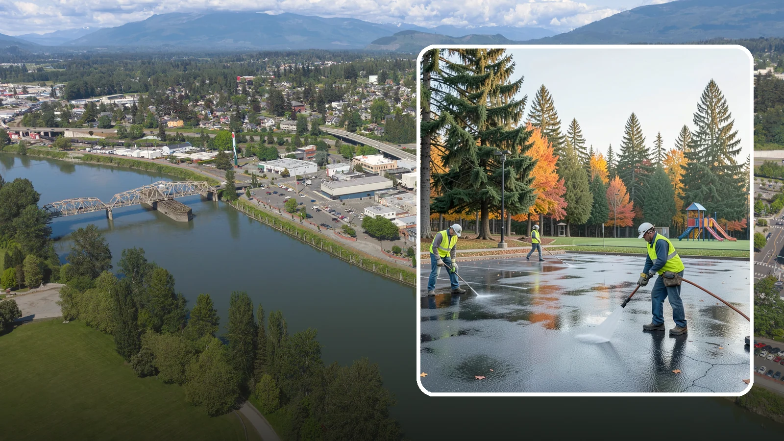 Parking Lot Cleaning in Mount Vernon, Skagit County, WA - Pressure wash and degrease public parking lots to remove oil staining, gum, and accumulated grime.