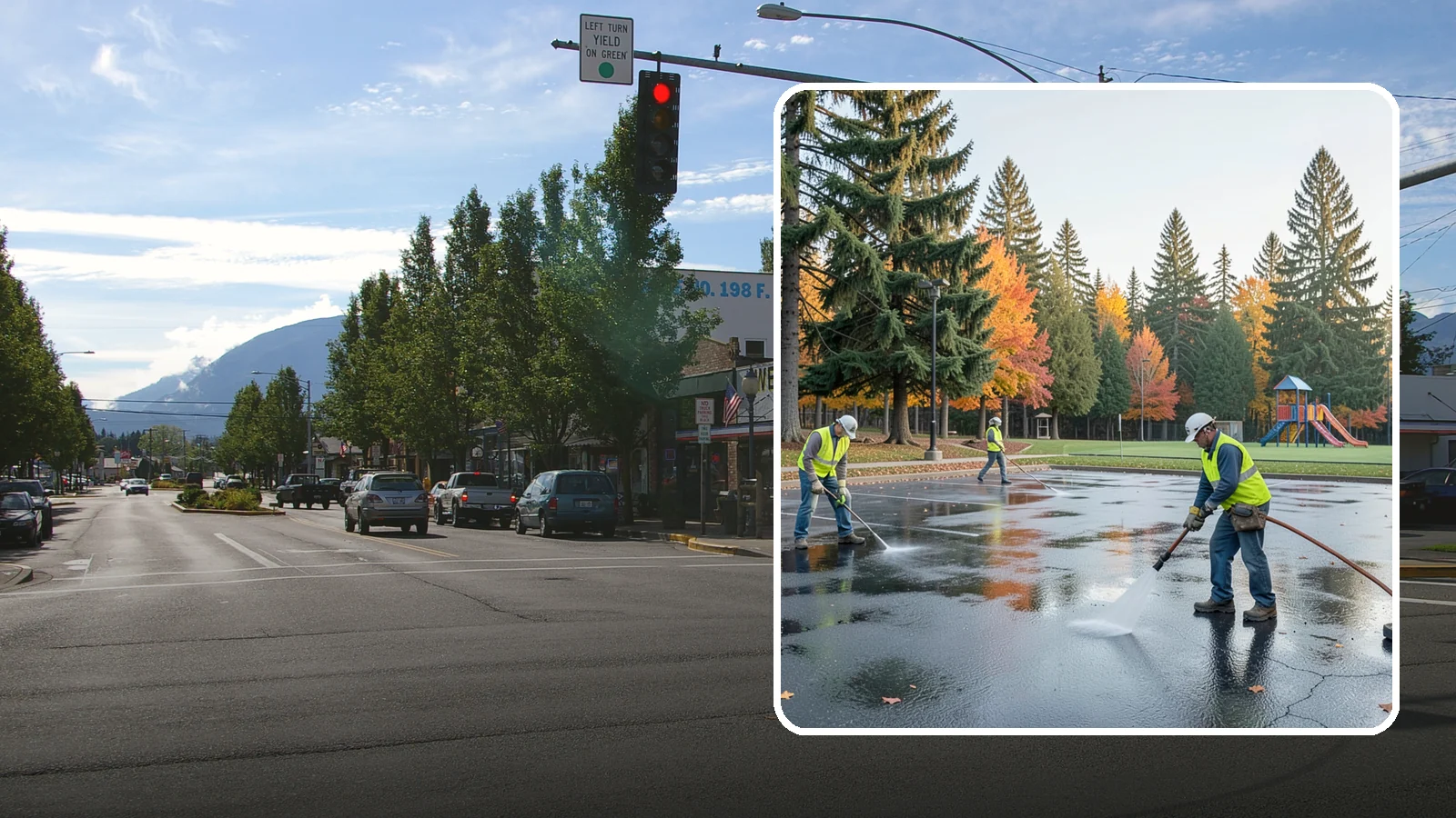 Parking Lot Cleaning in North Bend, King County, WA - Pressure wash and degrease public parking lots to remove oil staining, gum, and accumulated grime.
