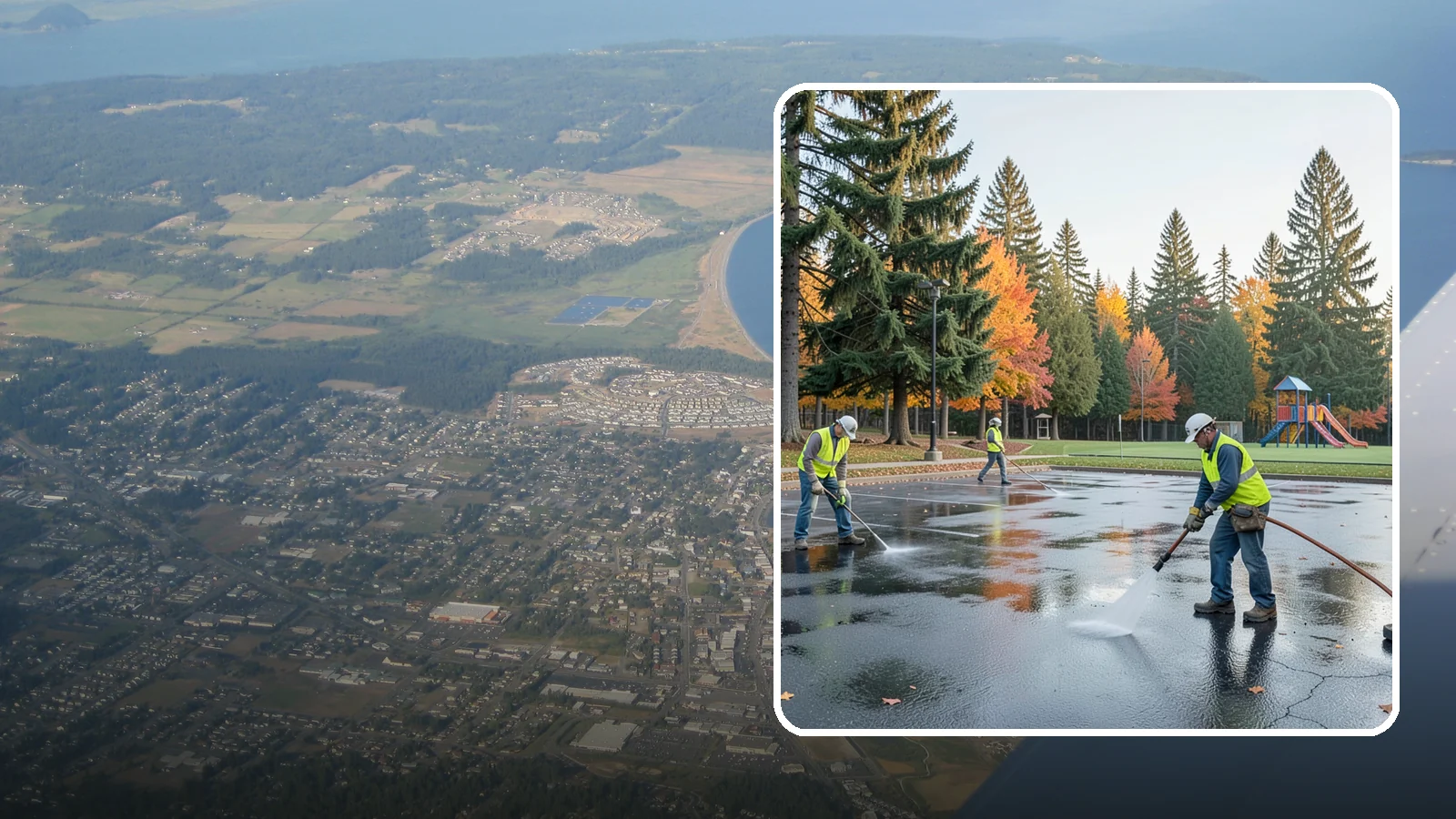 Parking Lot Cleaning in Oak Harbor, Island County, WA - Pressure wash and degrease public parking lots to remove oil staining, gum, and accumulated grime.