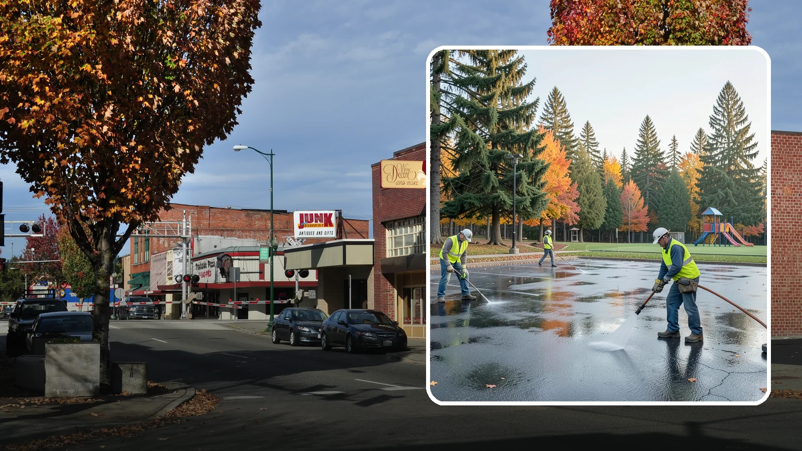 Parking Lot Cleaning in Puyallup, Pierce County, WA - Pressure wash and degrease public parking lots to remove oil staining, gum, and accumulated grime.