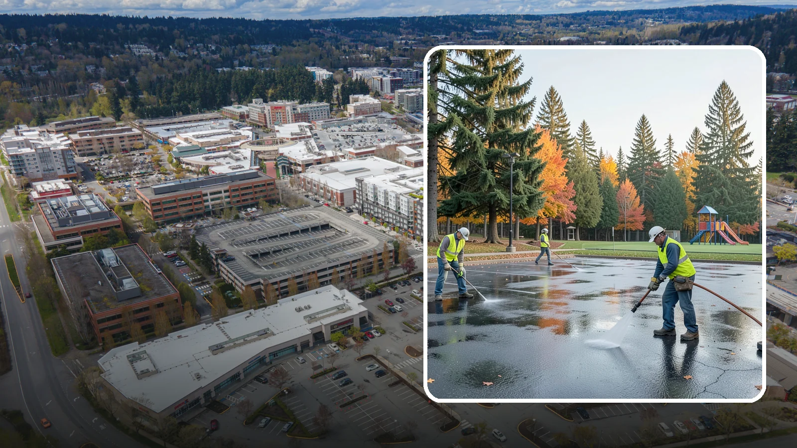 Parking Lot Cleaning in Redmond, King County, WA - Pressure wash and degrease public parking lots to remove oil staining, gum, and accumulated grime.
