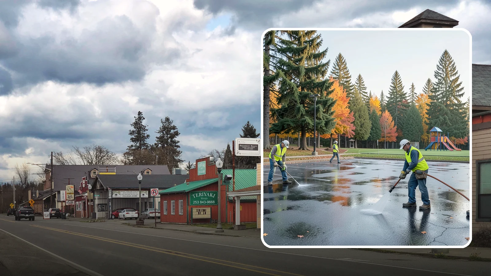 Parking Lot Cleaning in Roy, Pierce County, WA - Pressure wash and degrease public parking lots to remove oil staining, gum, and accumulated grime.