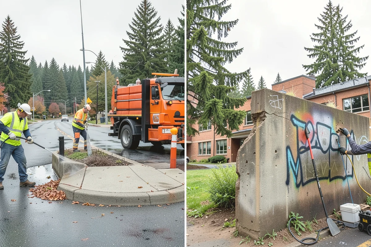 Parking Lot Cleaning in Ruston, Pierce County, WA - Survey lot size, surface type, and staining with staff