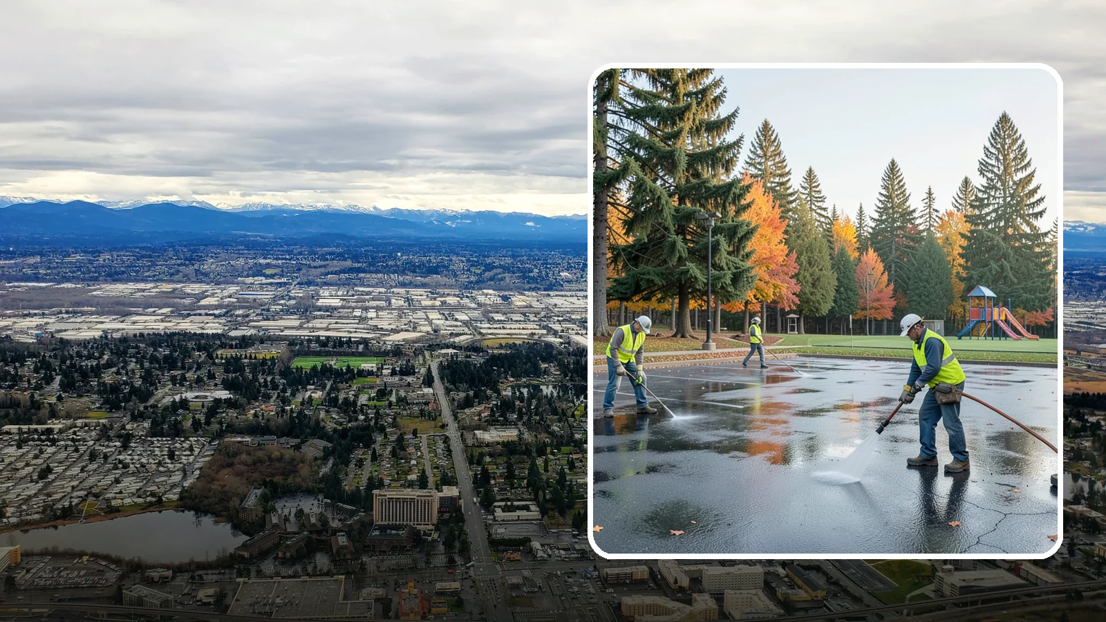 Parking Lot Cleaning in SeaTac, King County, WA - Pressure wash and degrease public parking lots to remove oil staining, gum, and accumulated grime.