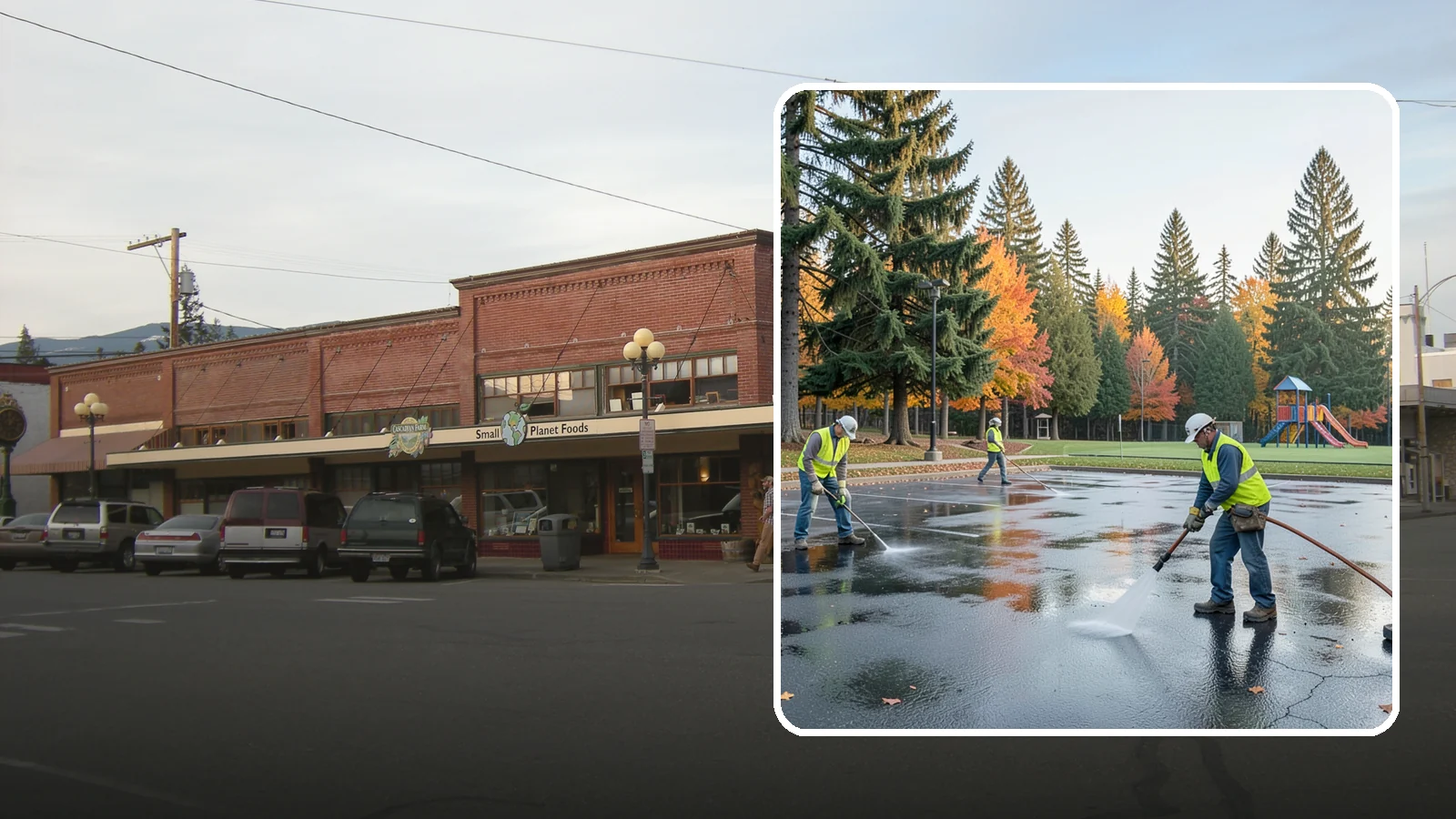 Parking Lot Cleaning in Sedro-Woolley, Skagit County, WA - Pressure wash and degrease public parking lots to remove oil staining, gum, and accumulated grime.