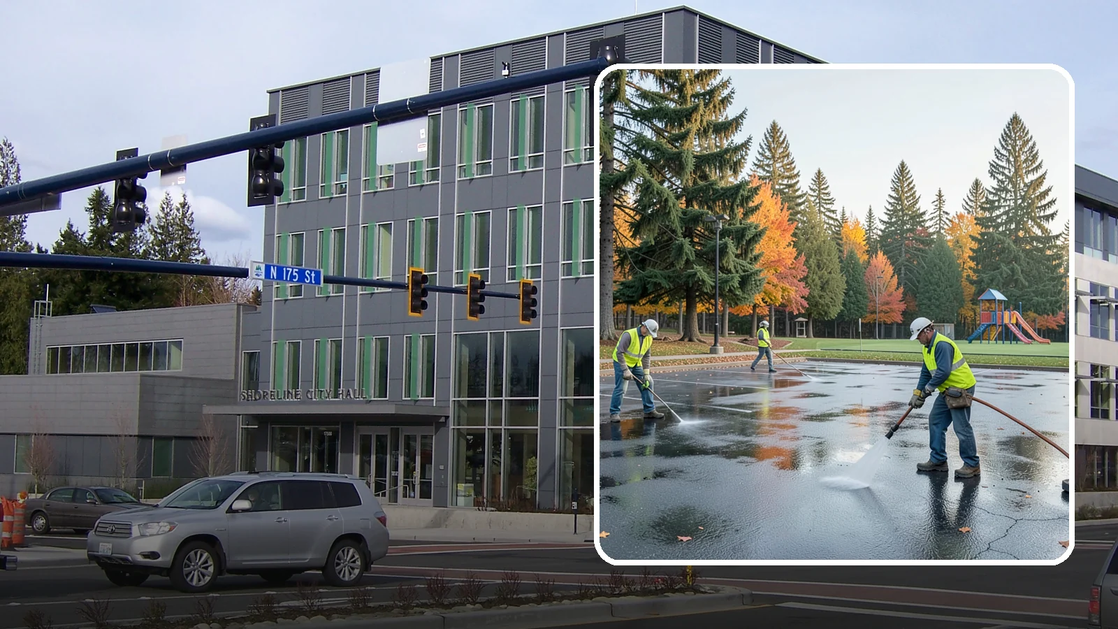 Parking Lot Cleaning in Shoreline, King County, WA - Pressure wash and degrease public parking lots to remove oil staining, gum, and accumulated grime.