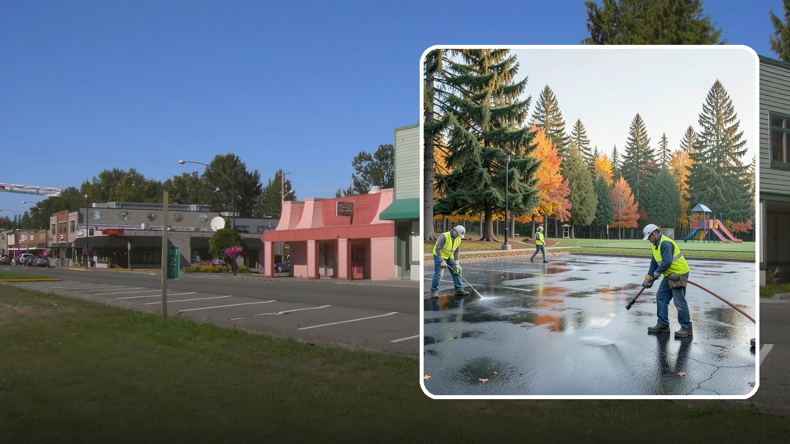 Parking Lot Cleaning in Snoqualmie, King County, WA - Pressure wash and degrease public parking lots to remove oil staining, gum, and accumulated grime.